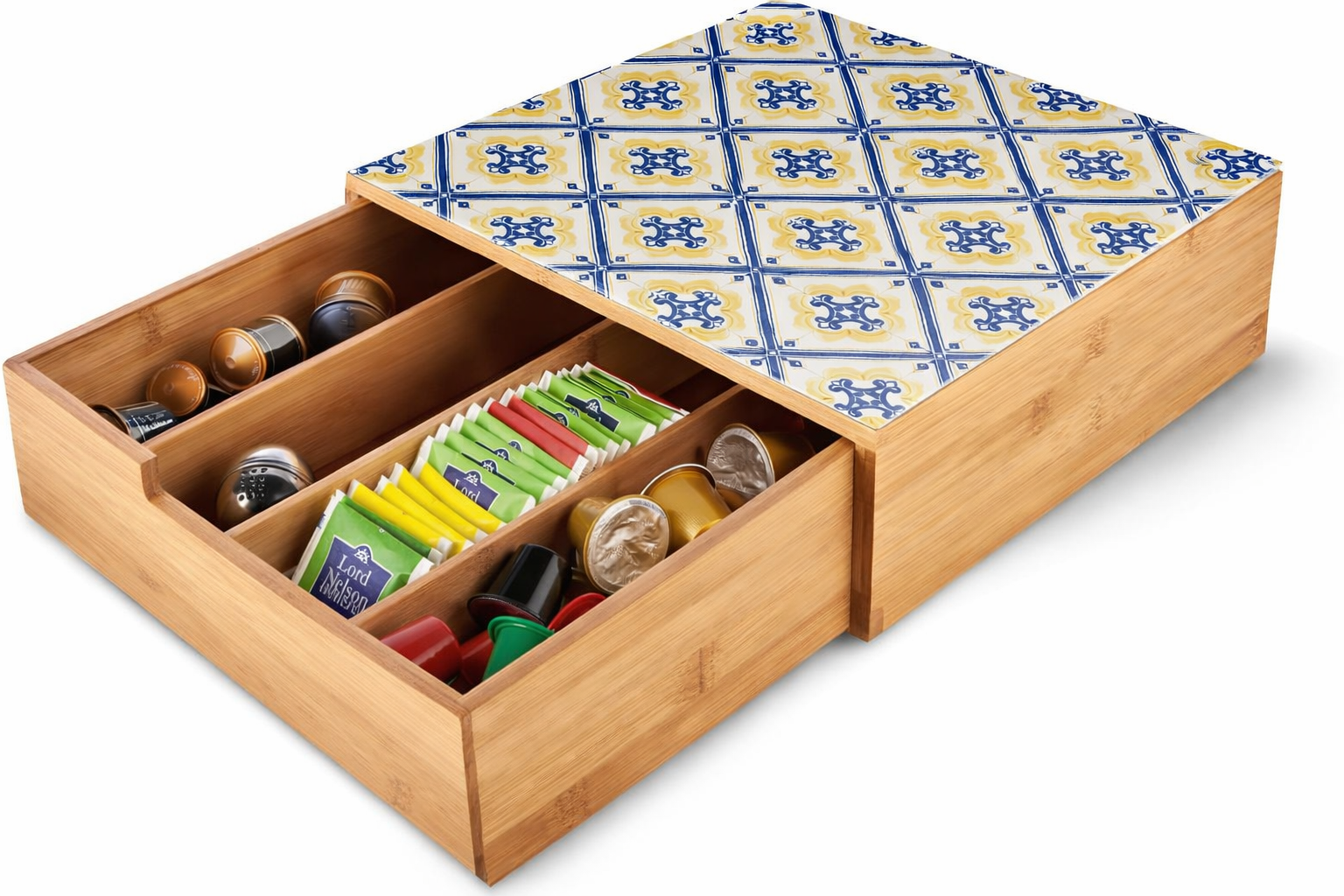 Porta Cialde e Capsule in Bambù con Cassetto Organizer e Piano in Vetro Temperato 30×30×10 cm con Decorazioni Maiolica