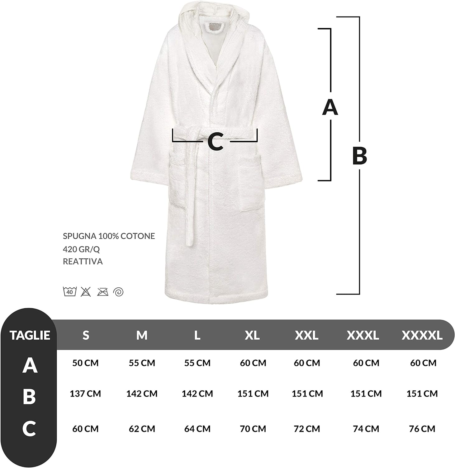 Accappatoio di Spugna con Cappuccio, Uomo Donna, 100% Cotone linea Marte