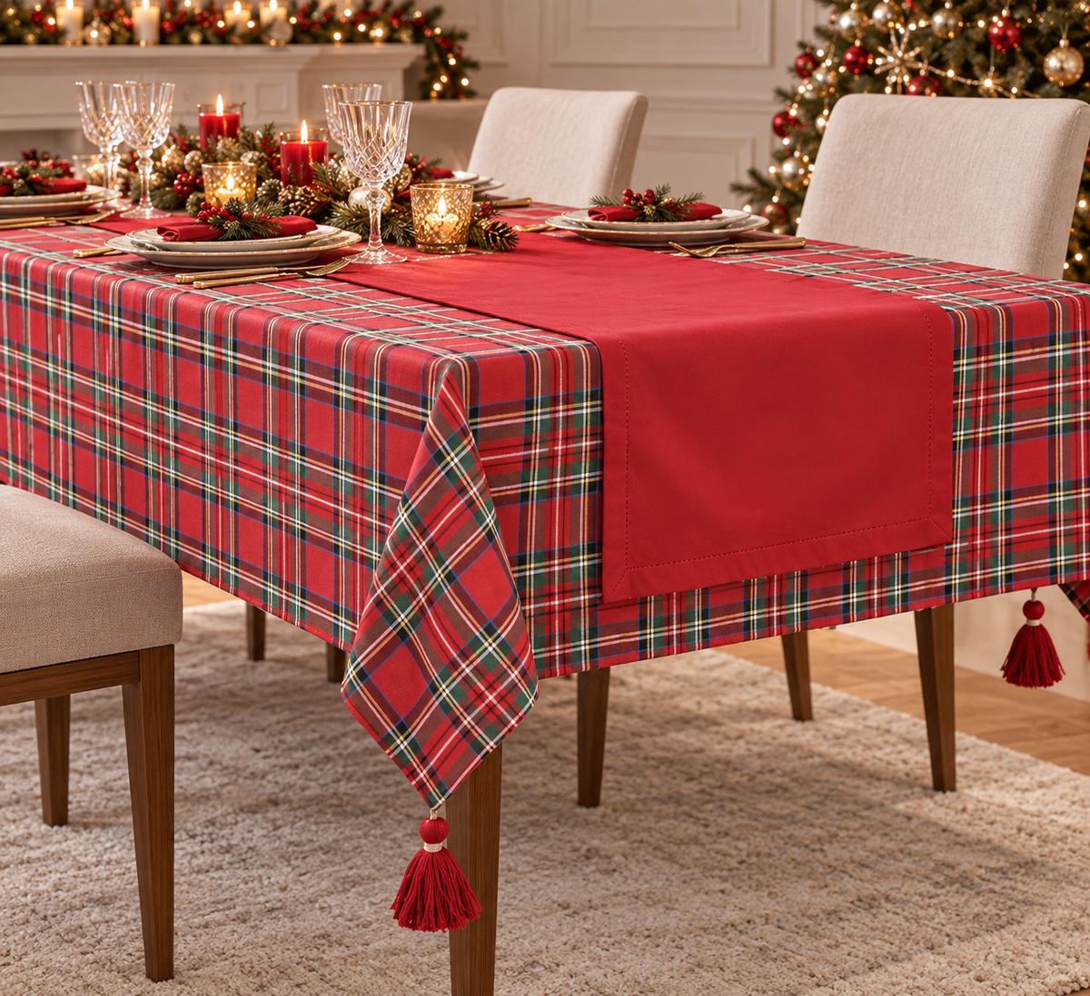 Tovaglia Natalizia 12 Posti 140x240 cm + Runner 40x90 cm 100% Cotone Bordo a Quadri con Filo Lurex Oro Panna o Rosso