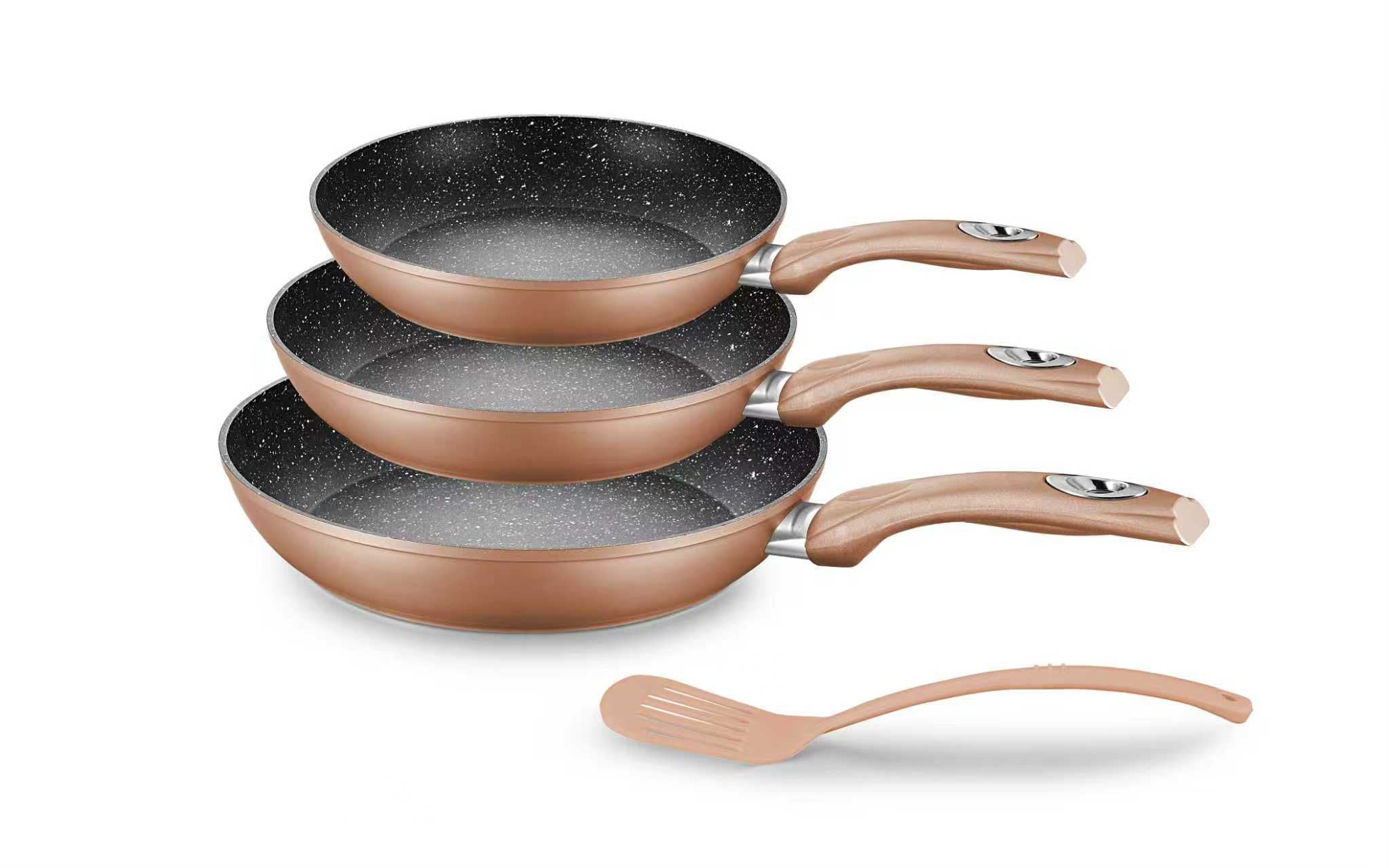 Tris di Padelle Antiaderenti 20/24/28 cm Effetto Pietra con Spatola Omaggio – Induzione – Disponibili in Bronzo, Grigio, Nero e Rosa