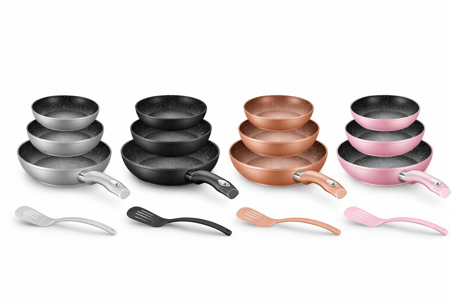 Tris di Padelle Antiaderenti 20/24/28 cm Effetto Pietra con Spatola Omaggio – Induzione – Disponibili in Bronzo, Grigio, Nero e Rosa