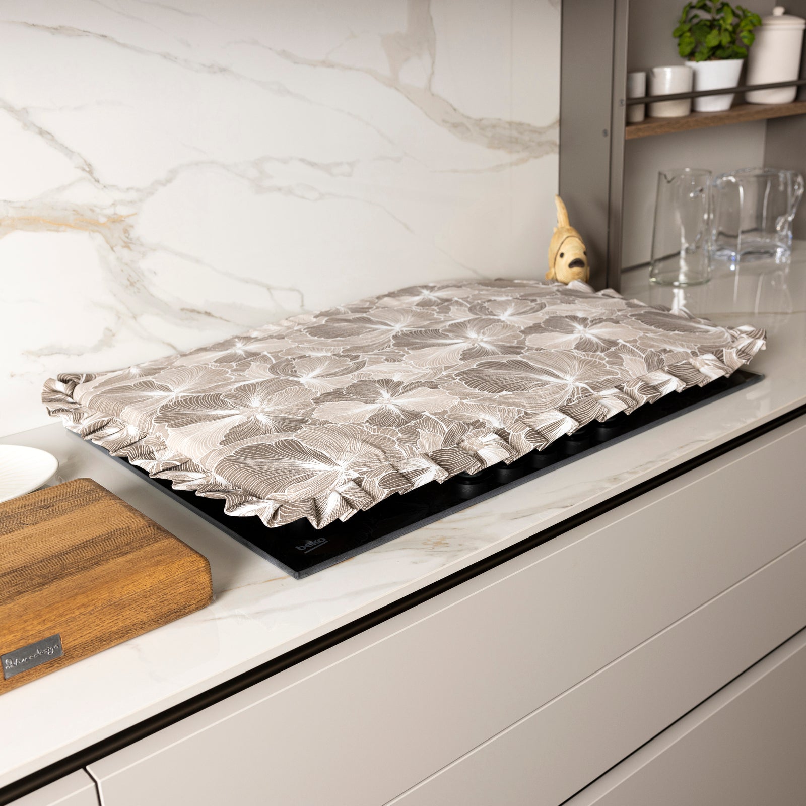 Set Copriforno e Coprifornello Cucina Universale Imbottiti Rettangolari Lavabili set 2 pezzi Foglia