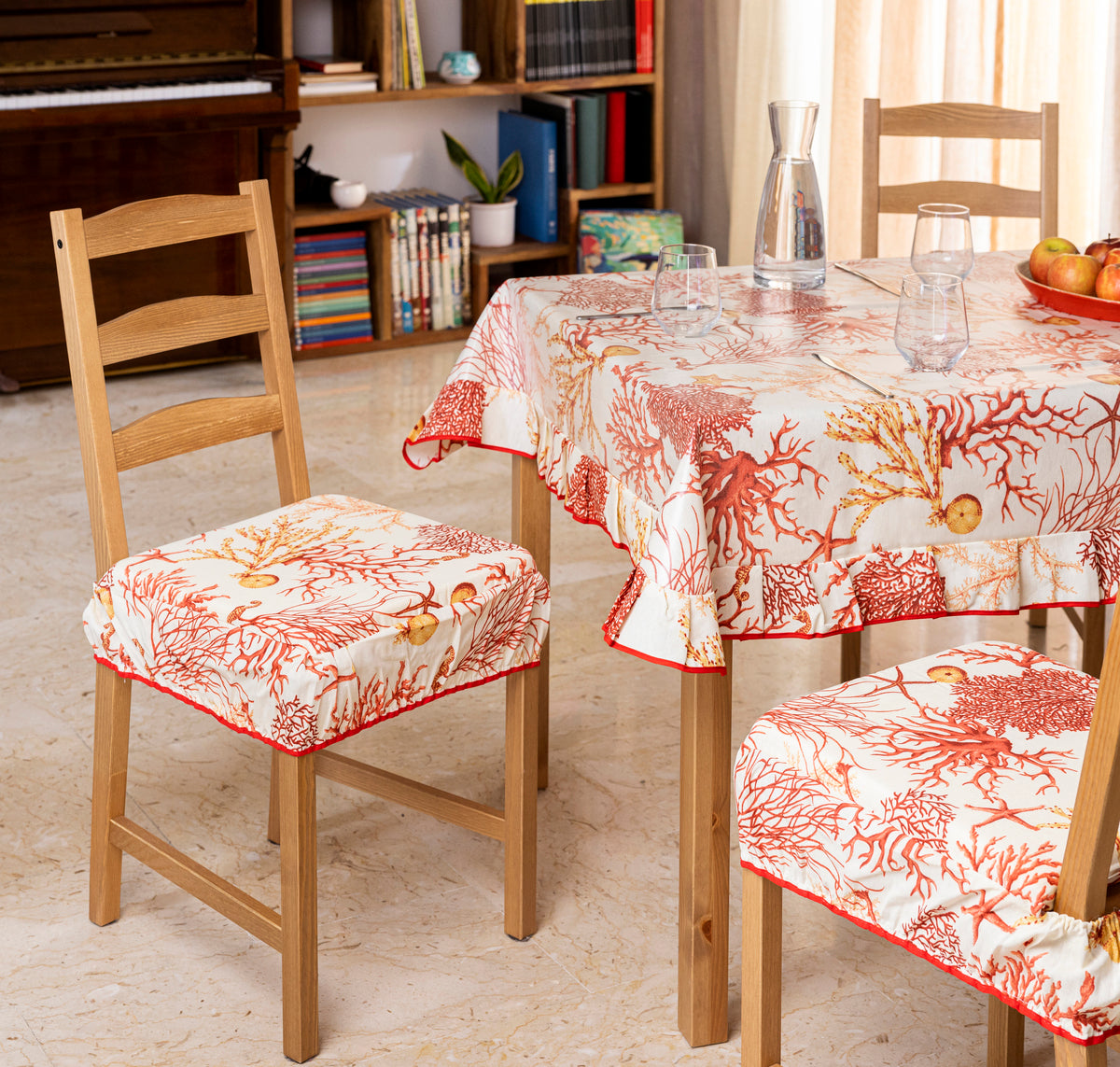 Cuscini copri Sedia 40x40 in cotone con fascia elastica azzurro e rosso fantasia corallo