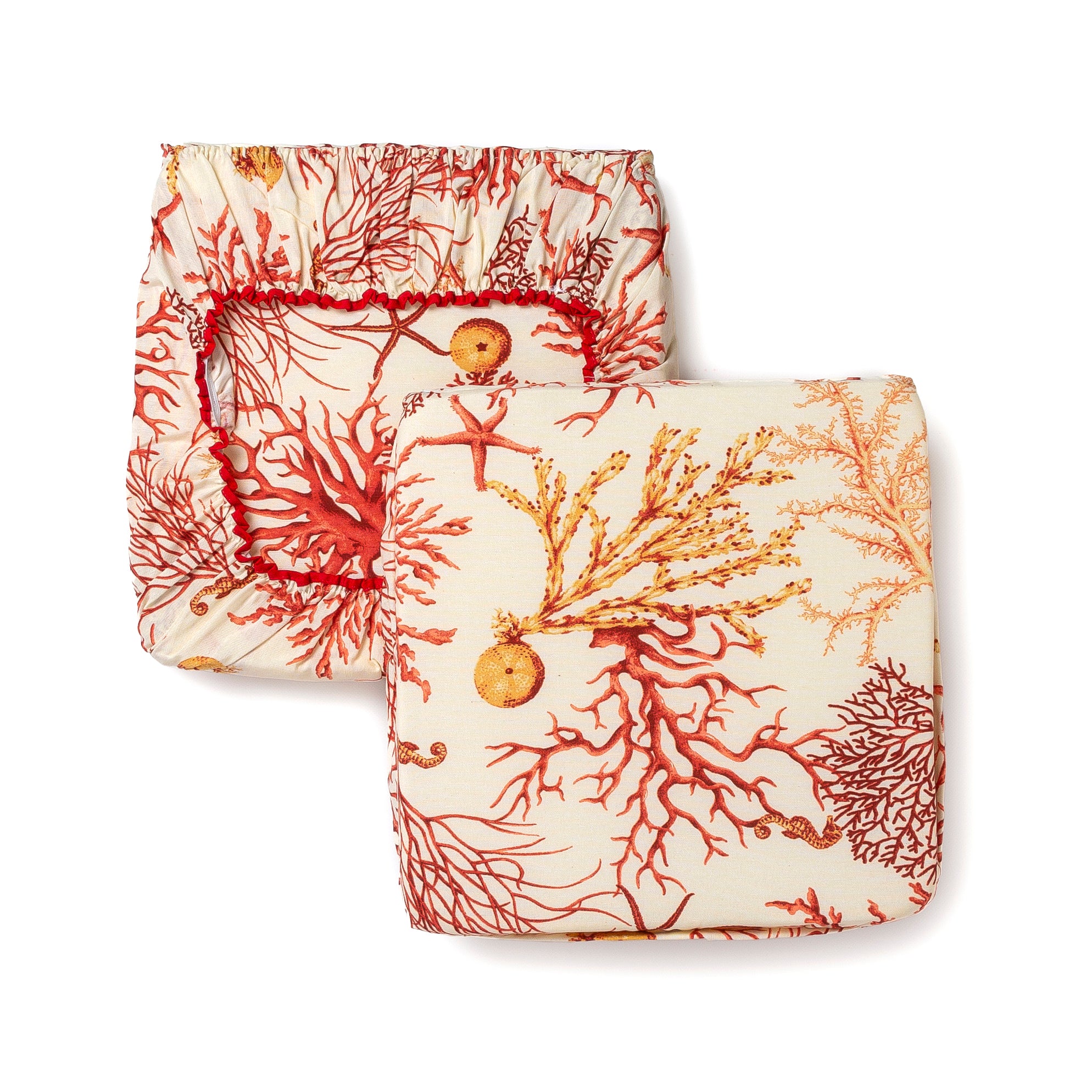 Cuscini copri Sedia 40x40 in cotone con fascia elastica azzurro e rosso fantasia corallo