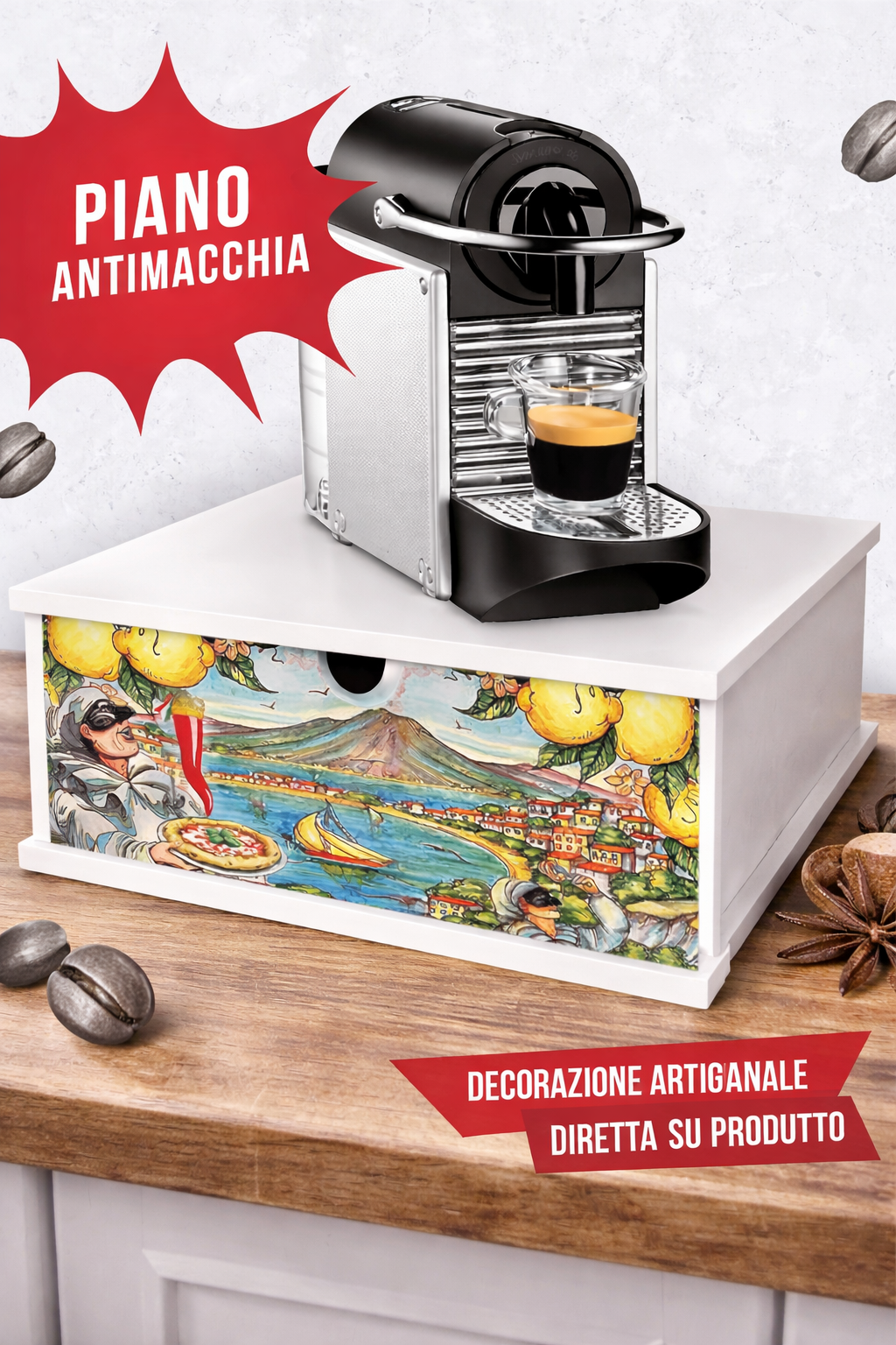 Porta Cialde e Capsule Caffè 33x33 cm in Legno con Cassetto Organizer – Decorazione Pulcinella Artigianale – Ideale per Cucina, Casa e Ufficio