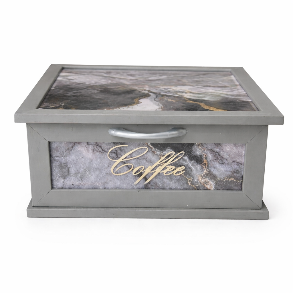 Porta Cialde e Capsule Caffè in Legno con Cassetto a 2 Scomparti – Organizer Shabby Chic con Scritta “COFFEE” – Vari Colori