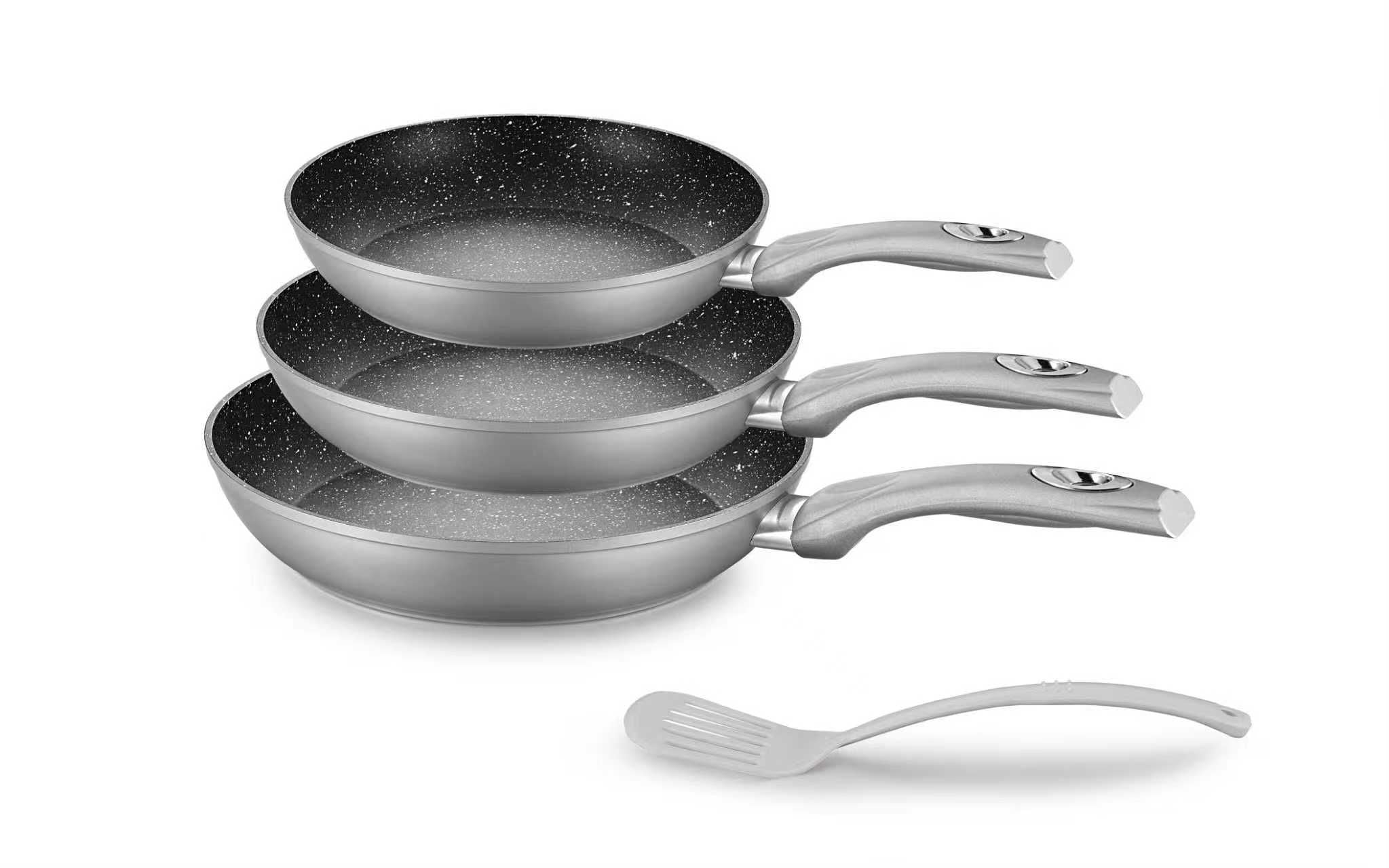 Tris di Padelle Antiaderenti 20/24/28 cm Effetto Pietra con Spatola Omaggio – Induzione – Disponibili in Bronzo, Grigio, Nero e Rosa