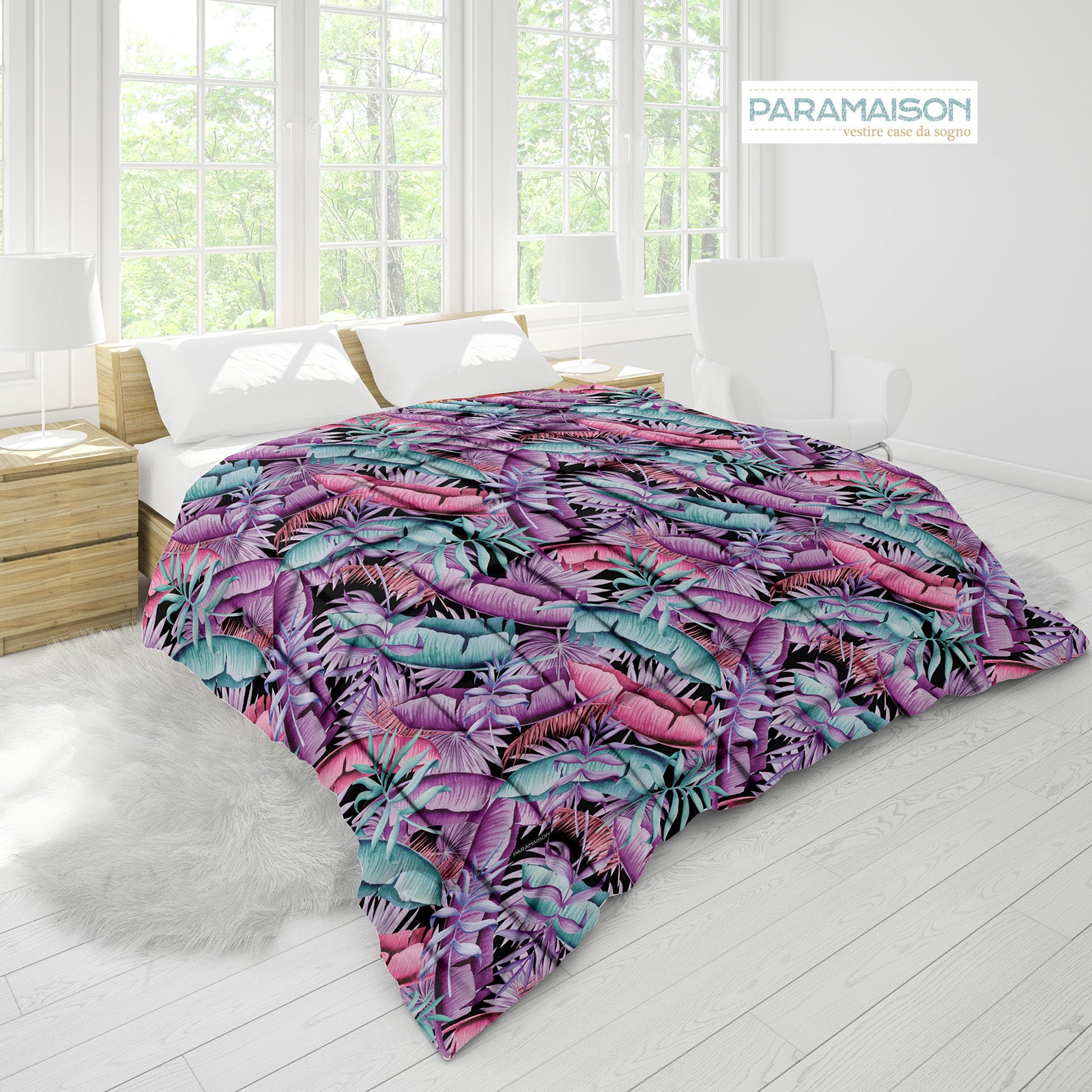 Trapunta Matrimoniale Floreale 260x270cm Foglia Piumone Invernale Stampa Digitale Microfibra Anallergica 300 Gr