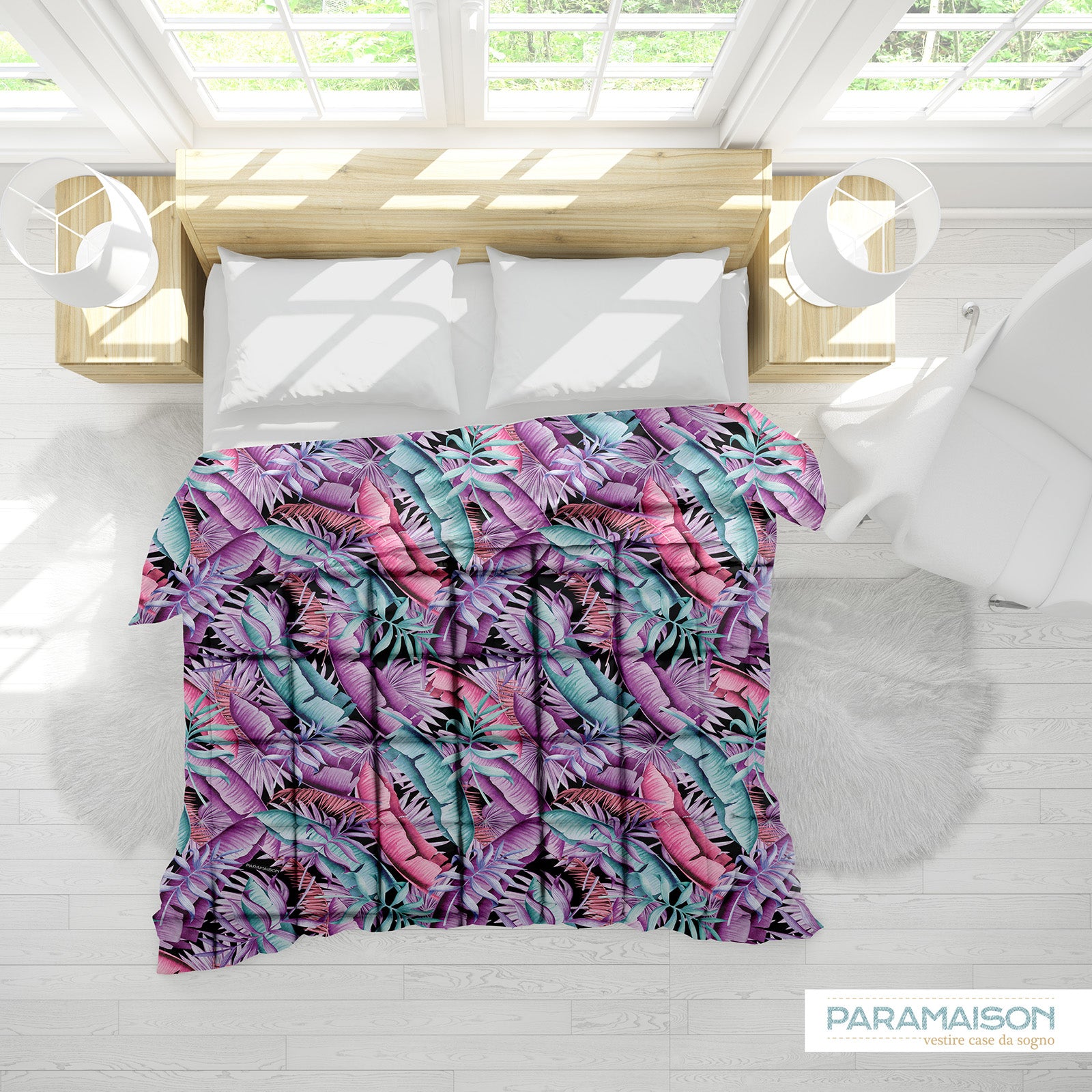 Trapunta Matrimoniale Floreale 260x270cm Foglia Piumone Invernale Stampa Digitale Microfibra Anallergica 300 Gr