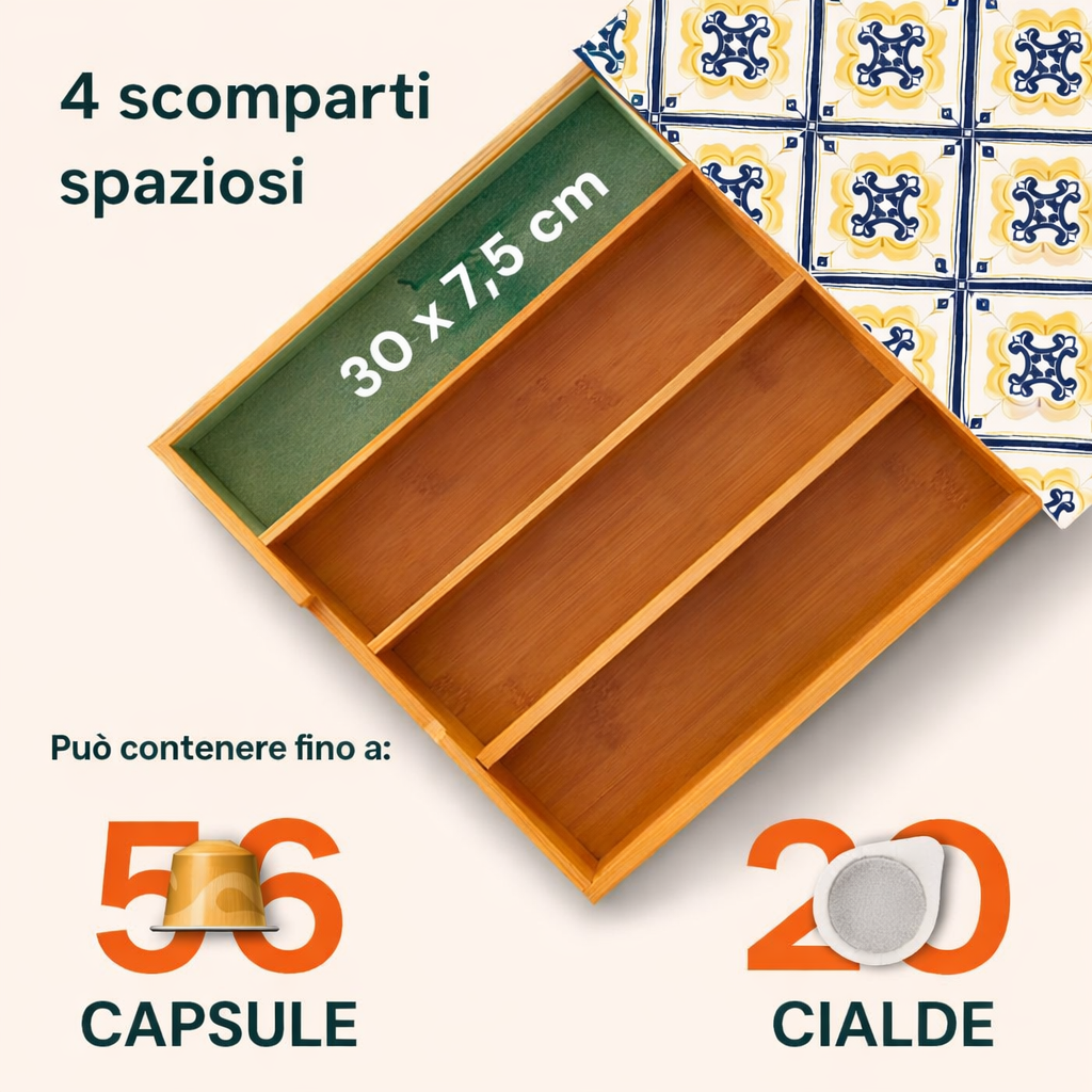 Porta Cialde e Capsule in Bambù con Cassetto Organizer e Piano in Vetro Temperato 30×30×10 cm con Decorazioni Maiolica