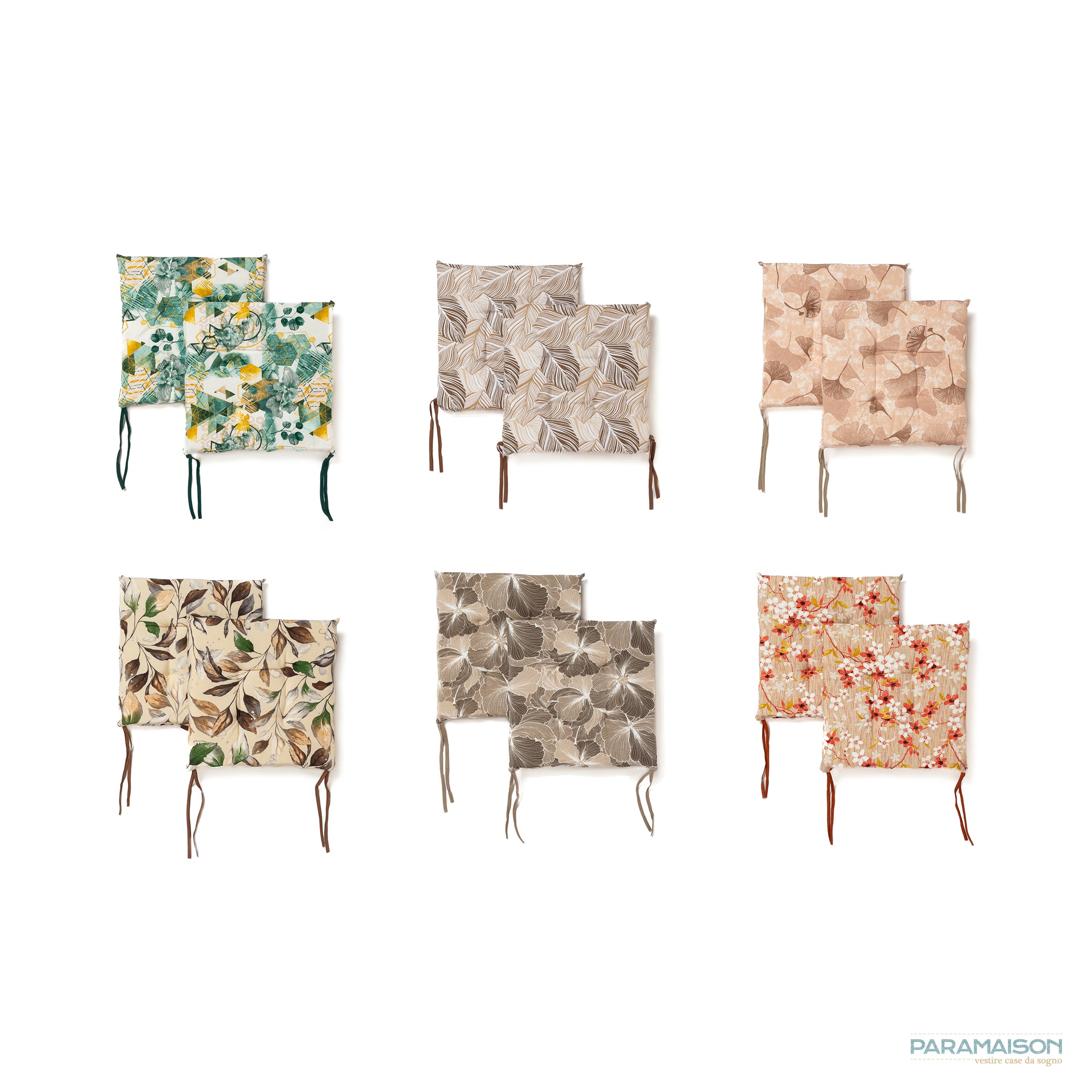 Set 6 Cuscini Copri Sedia Morbidi 40x40x3,5 cm con Fissaggio a Laccetti Design Elegante Foglia