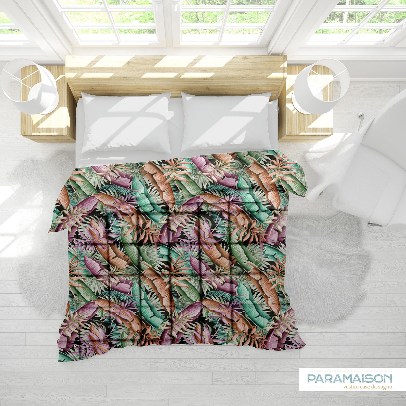 Trapunta Matrimoniale Floreale 260x270cm Foglia Piumone Invernale Stampa Digitale Microfibra Anallergica 300 Gr