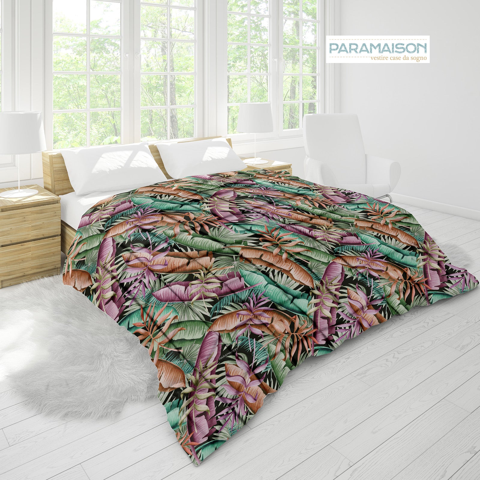 Trapunta Matrimoniale Floreale 260x270cm Foglia Piumone Invernale Stampa Digitale Microfibra Anallergica 300 Gr