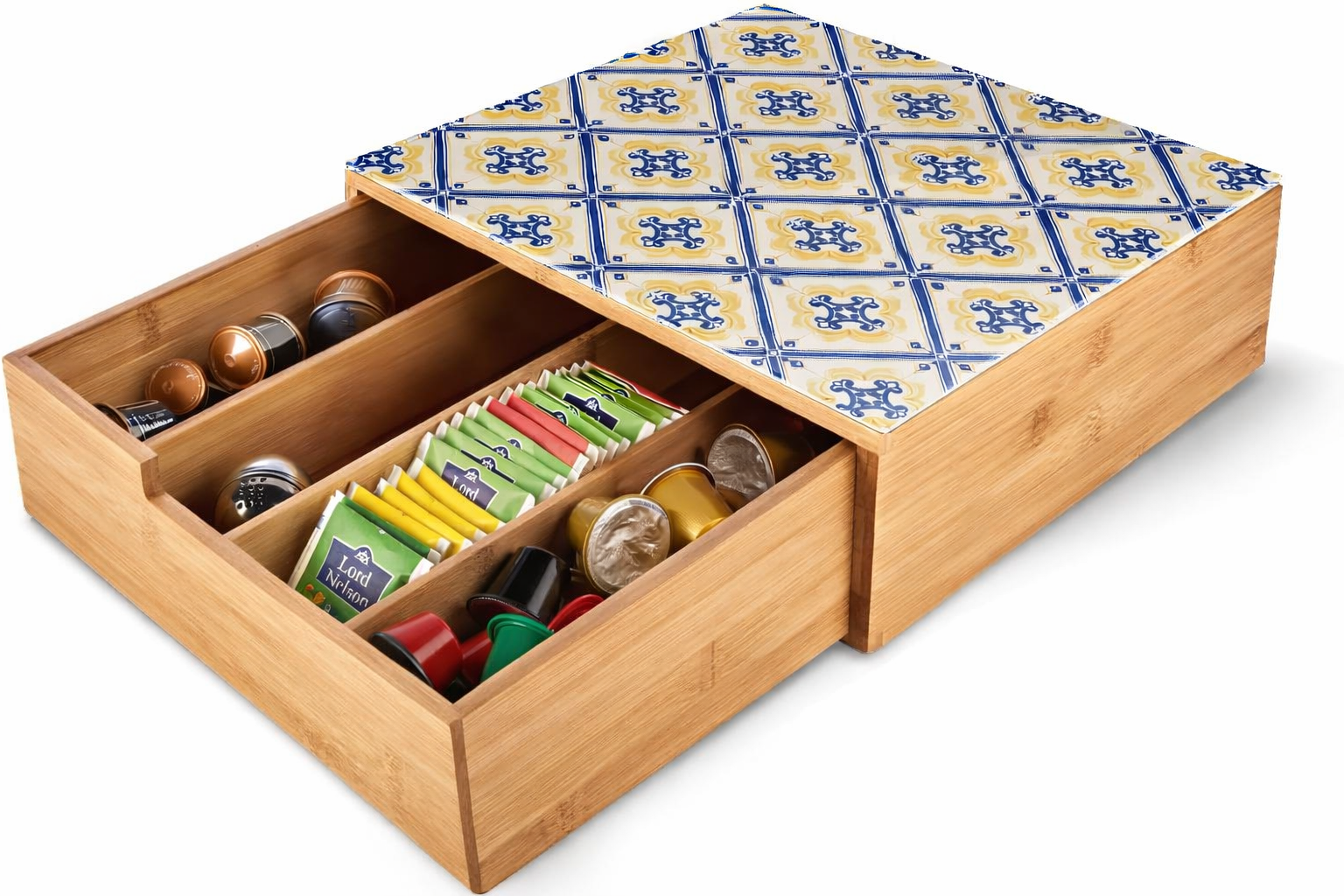 Porta Capsule e Cialde in Bamboo con Cassetto – Organizer Caffè Moderno con Piano in Vetro Temperato Design Maiolica Sorrento 30×30×10 cm