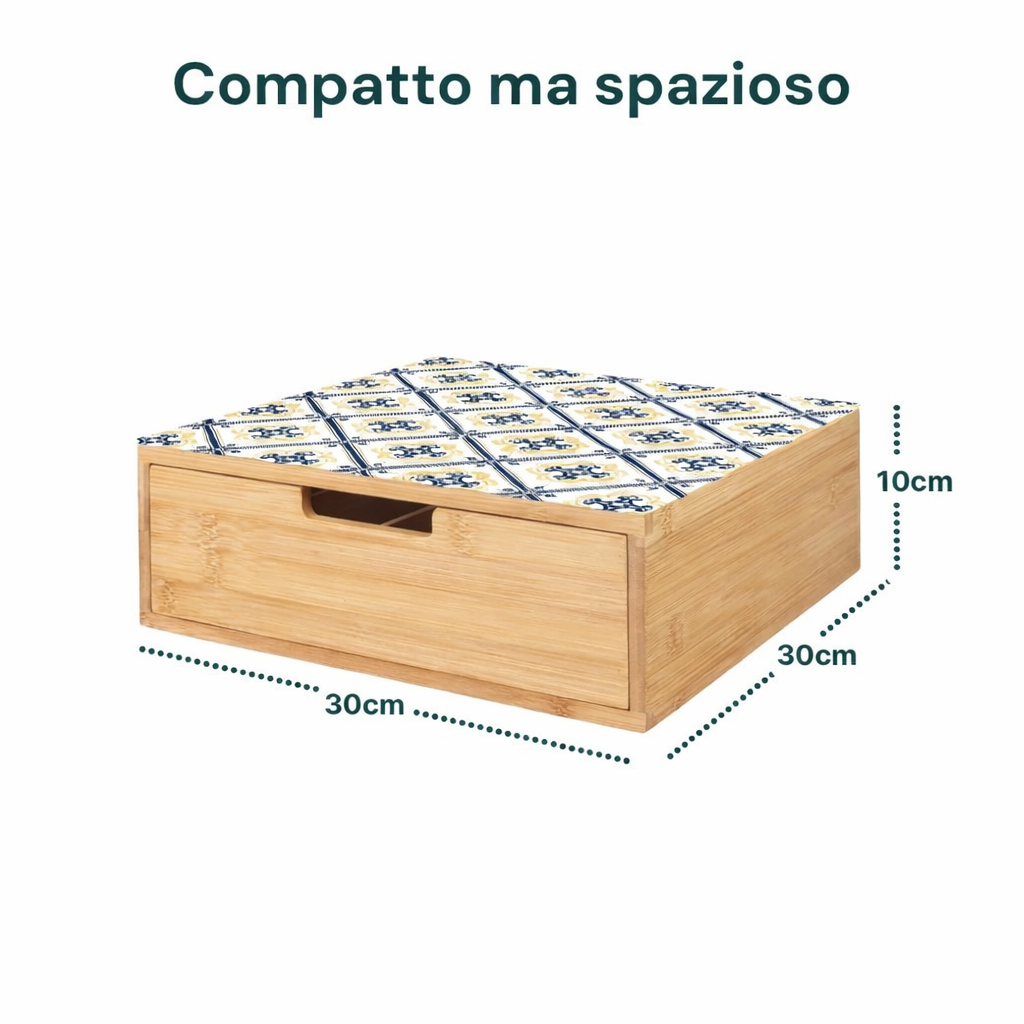 Porta Cialde e Capsule in Bambù con Cassetto Organizer e Piano in Vetro Temperato 30×30×10 cm con Decorazioni Maiolica