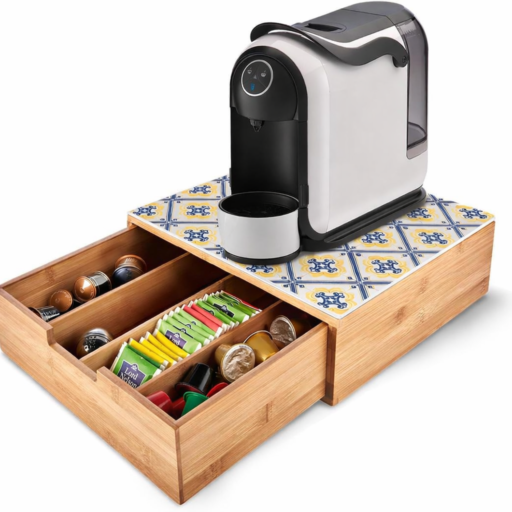 Porta Cialde e Capsule in Bambù con Cassetto Organizer e Piano in Vetro Temperato 30×30×10 cm con Decorazioni Maiolica