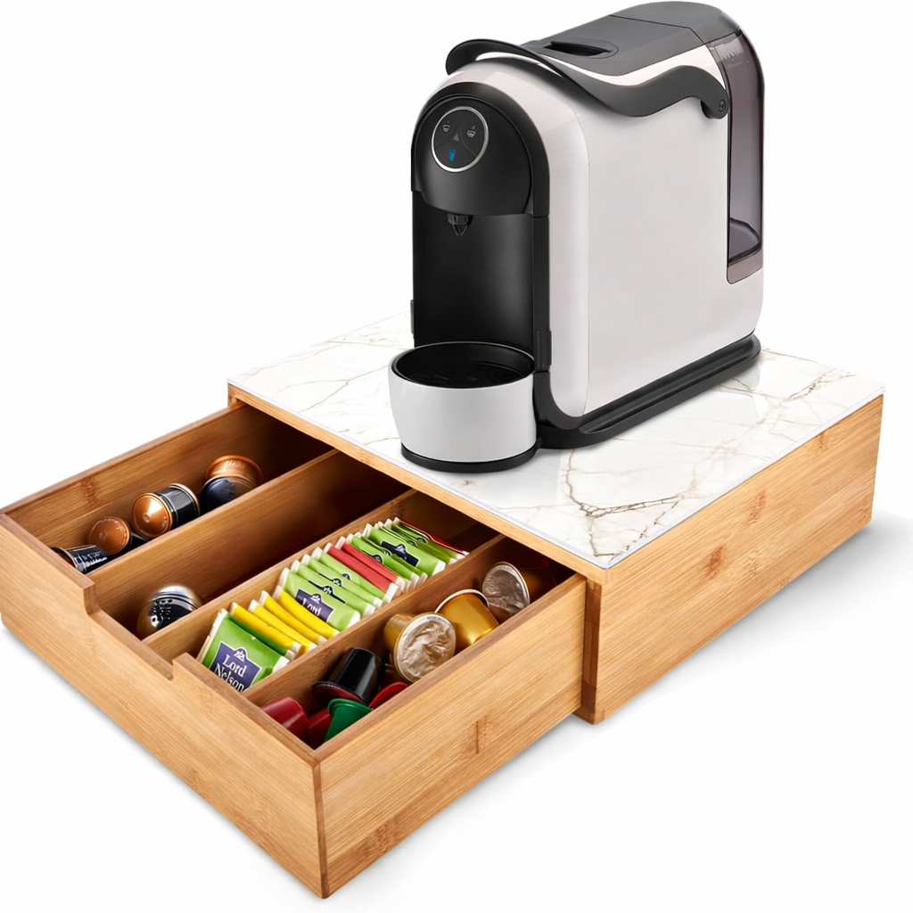 Porta Capsule e Cialde in Bamboo con Cassetto – Organizer Caffè Moderno con Piano in Vetro Temperato Marmorizzato (Bianco/Nero) 30×30×10 cm