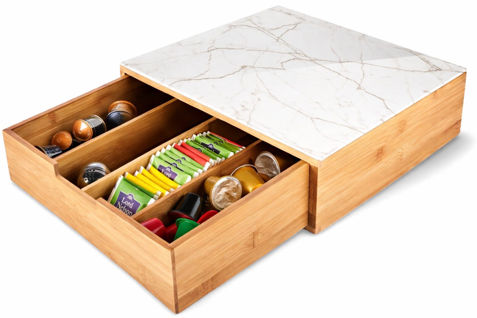 Porta Capsule e Cialde in Bamboo con Cassetto – Organizer Caffè Moderno con Piano in Vetro Temperato Marmorizzato (Bianco/Nero) 30×30×10 cm