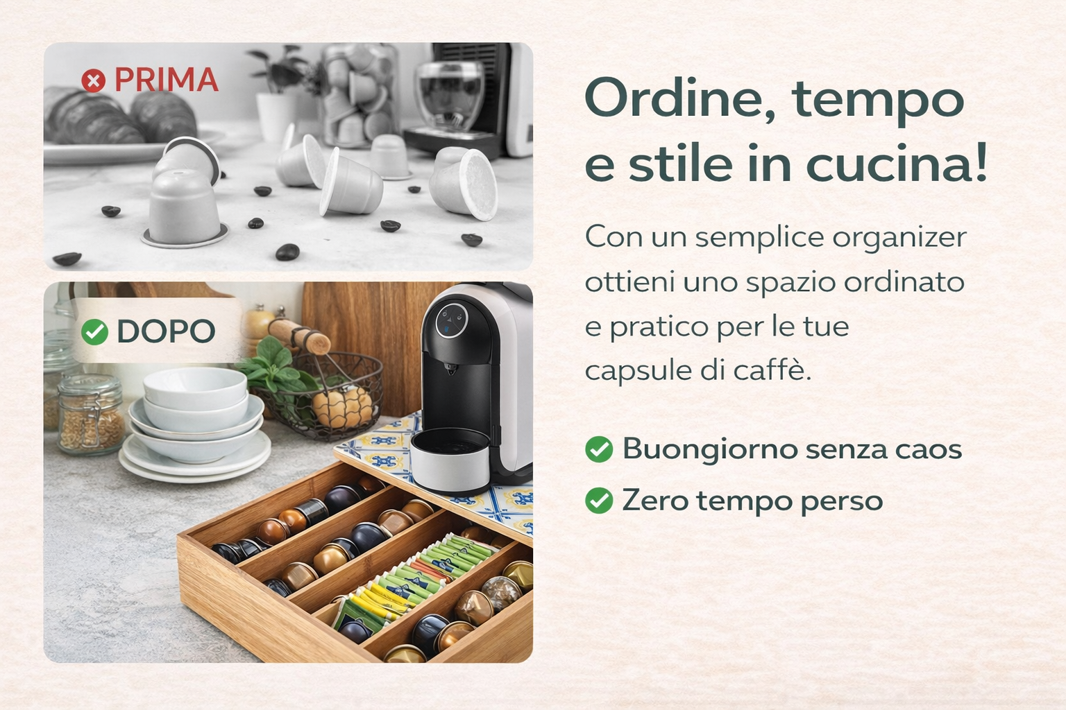 Porta Cialde e Capsule in Bambù con Cassetto Organizer e Piano in Vetro Temperato 30×30×10 cm con Decorazioni Maiolica