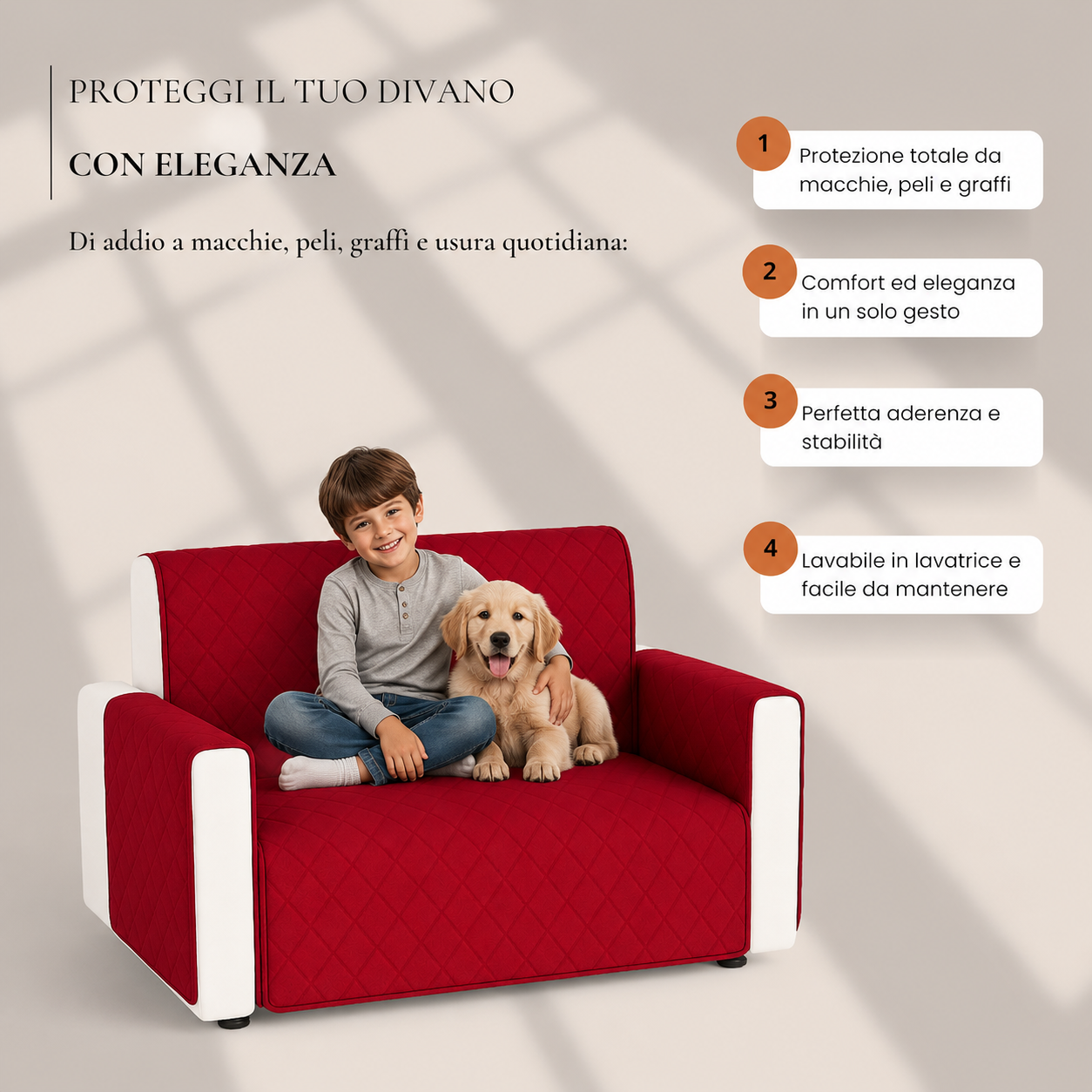Copridivano 2 Posti Impermeabile con Braccioli Antiscivolo Double Face Trapuntato Lavabile Protezione Anti Macchia Anti Graffio Pet Friendly per Cani e Gatti