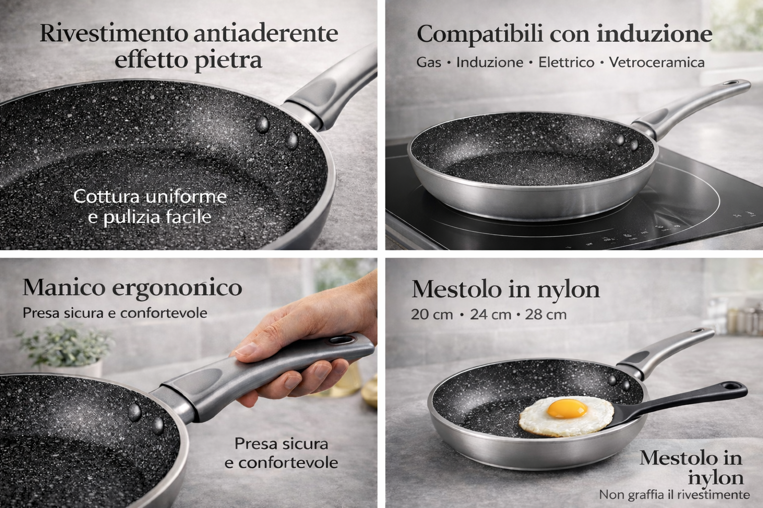 Tris di Padelle Antiaderenti 20/24/28 cm Effetto Pietra con Spatola Omaggio – Induzione – Disponibili in Bronzo, Grigio, Nero e Rosa