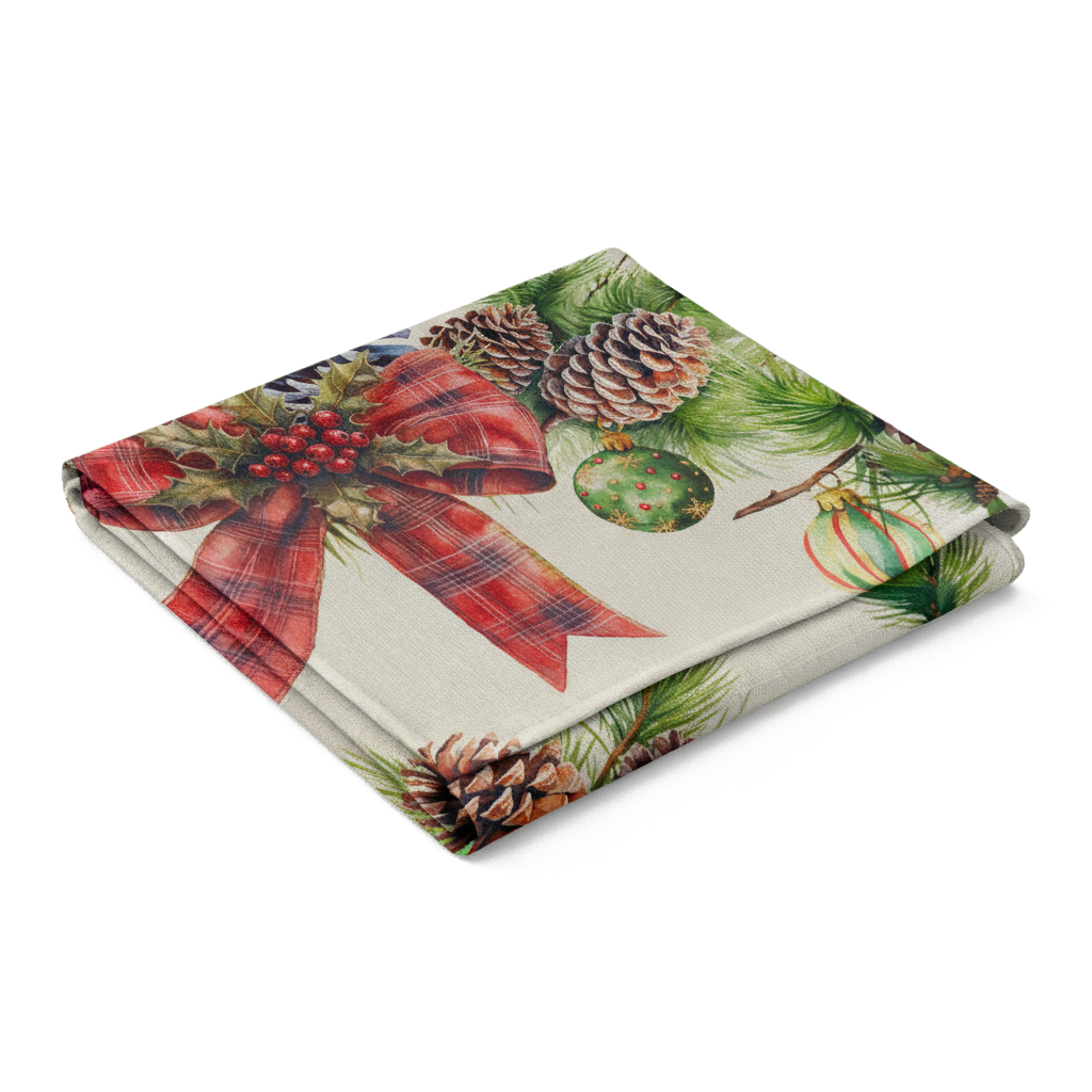 Tovaglia da Tavola Natalizia 18 Posti 140x360 cm in Cotone Stampa Digitale 3D 4K con Fiocco e Motivi di Natale