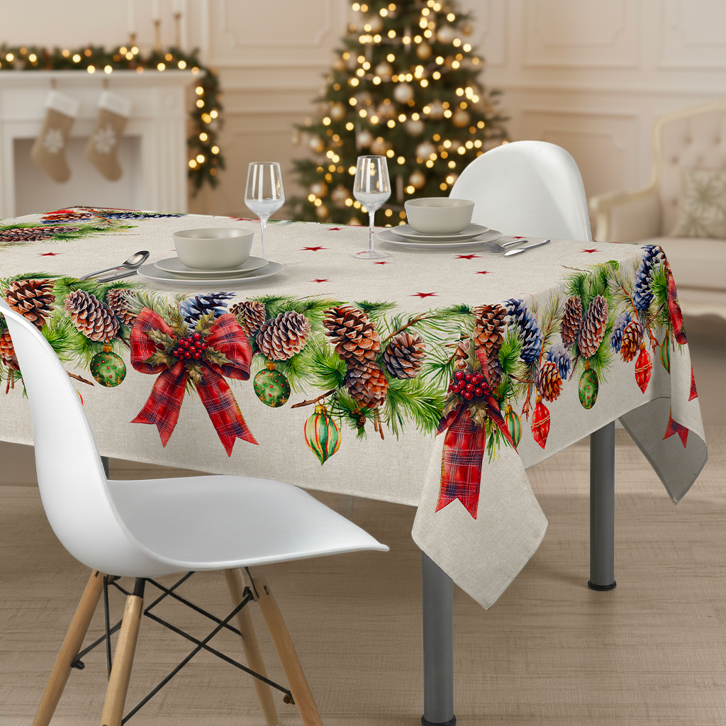 Tovaglia da Tavola Natalizia 18 Posti 140x360 cm in Cotone Stampa Digitale 3D 4K con Fiocco e Motivi di Natale