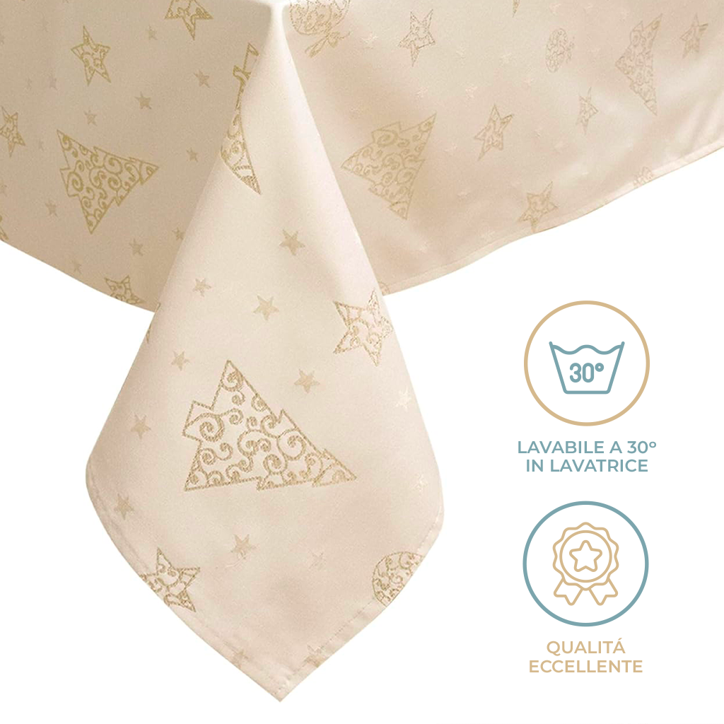 Tovaglia Natalizia in Raso 24 Posti 140x450 cm Elegante con Glitter Lurex Oro e Motivo a Stelle Made in Italy