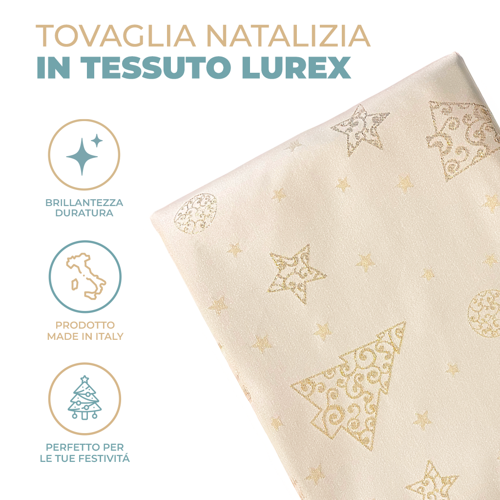 Tovaglia Natalizia in Raso 24 Posti 140x450 cm Elegante con Glitter Lurex Oro e Motivo a Stelle Made in Italy