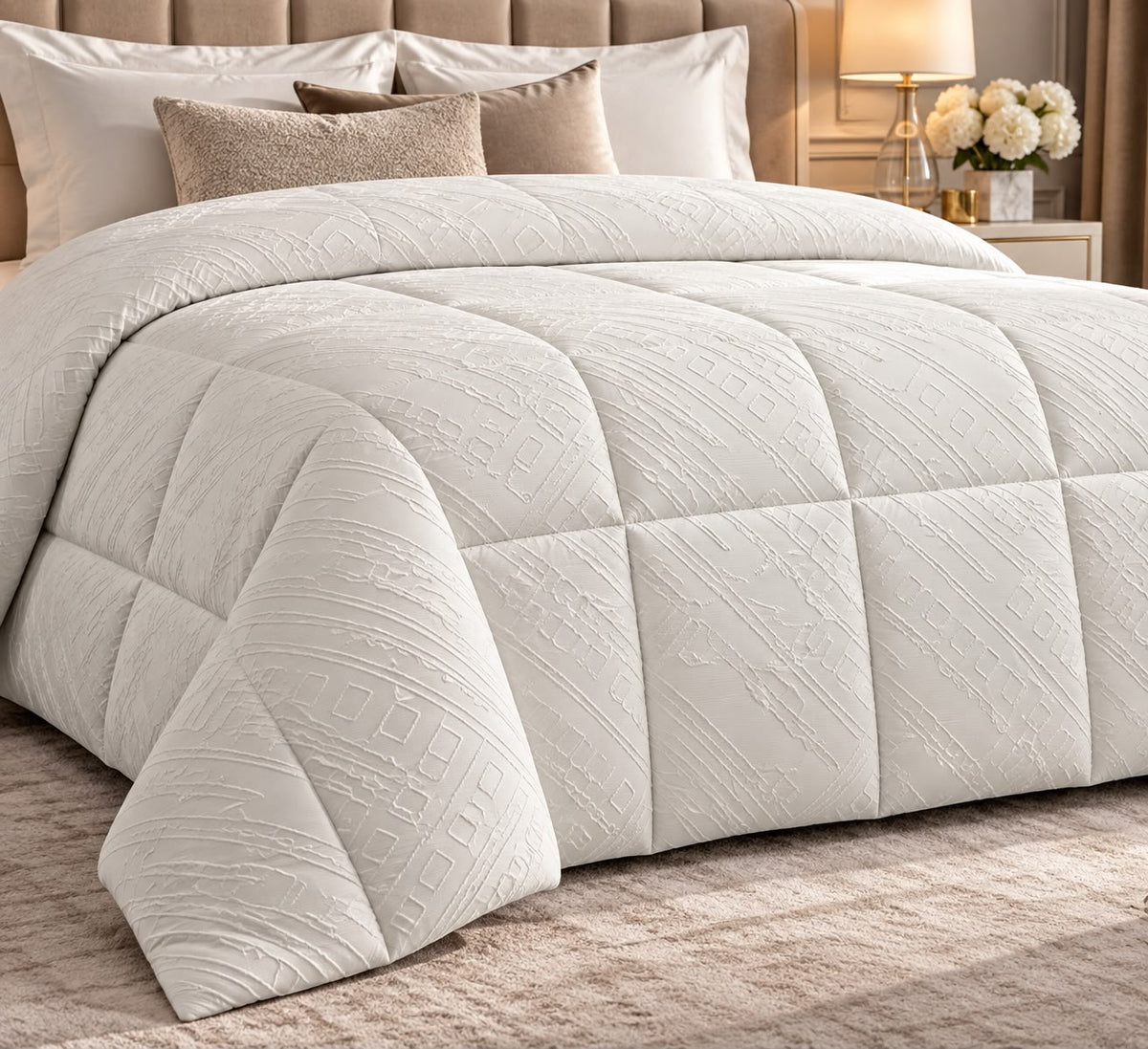 Trapunta Matrimoniale in Raso Jacquard 260x270 cm Piumone Invernale Imbottito Elegante Fantasia Geometrica in Rilievo Trapuntatura a Quadri