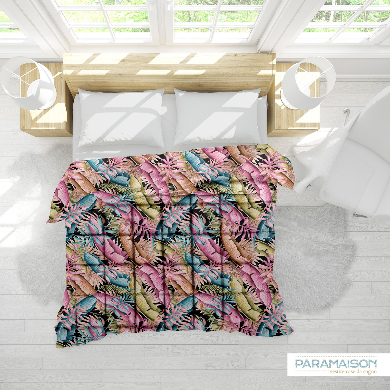 Trapunta Matrimoniale Floreale 260x270cm Foglia Piumone Invernale Stampa Digitale Microfibra Anallergica 300 Gr