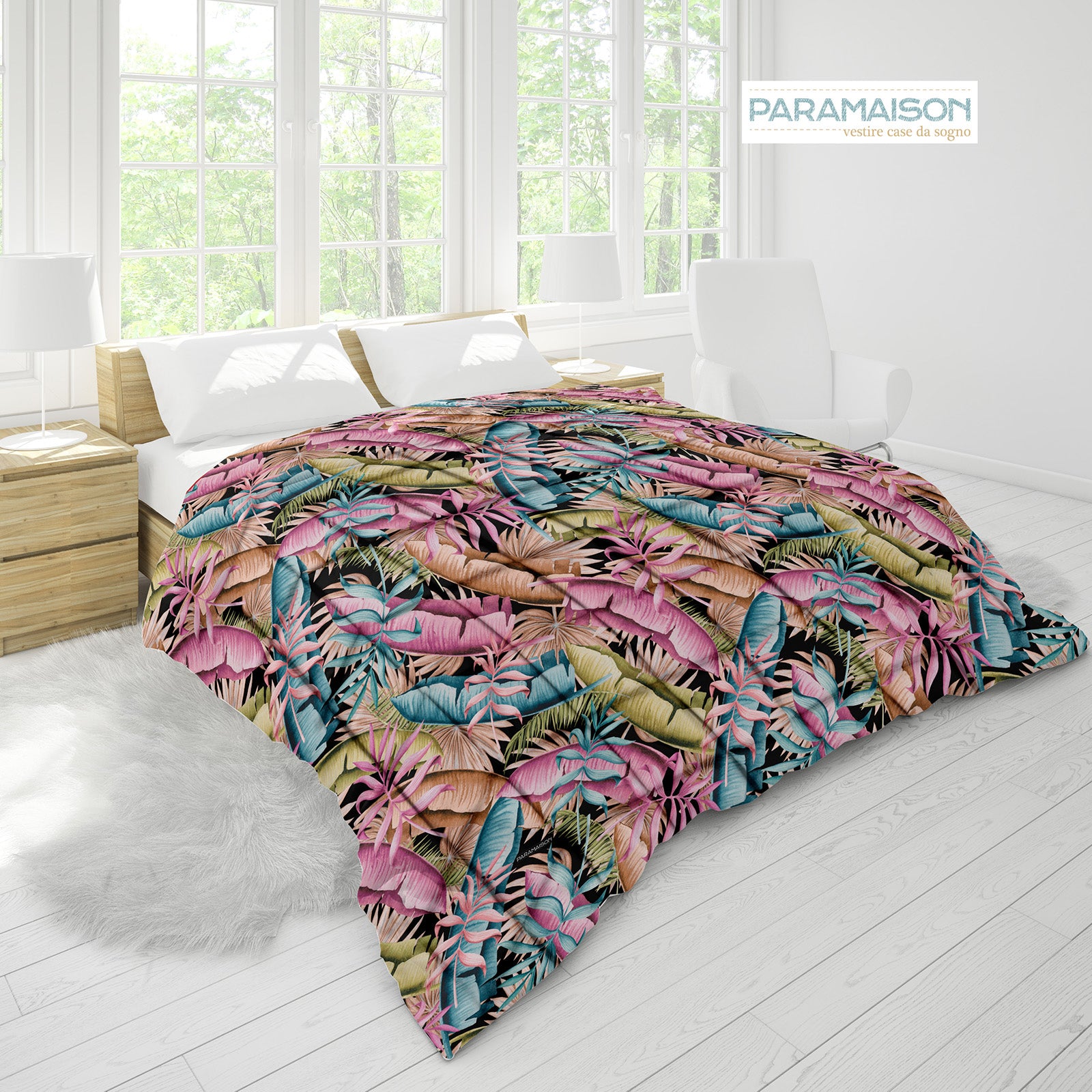 Trapunta Matrimoniale Floreale 260x270cm Foglia Piumone Invernale Stampa Digitale Microfibra Anallergica 300 Gr