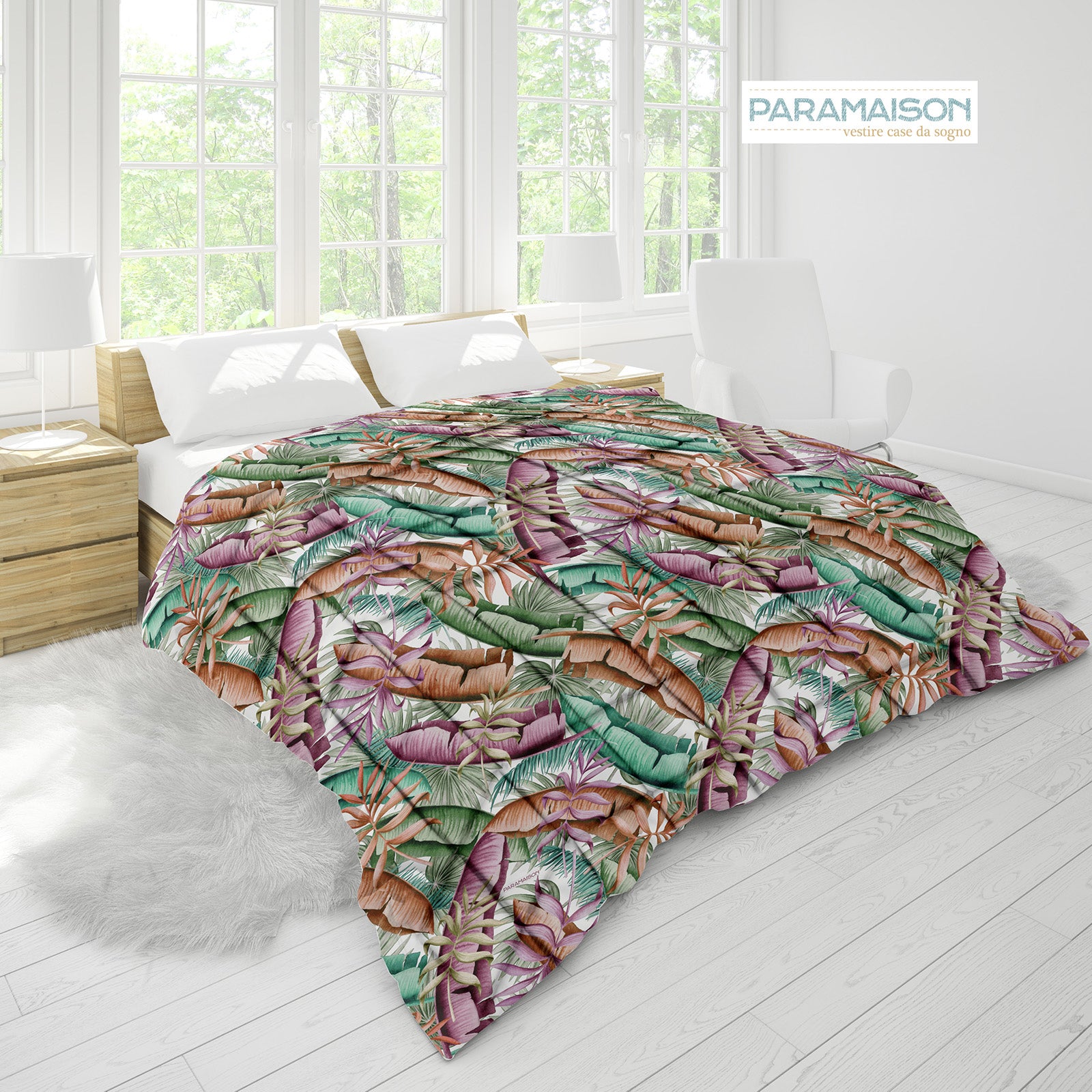 Trapunta Matrimoniale Floreale 260x270cm Foglia Piumone Invernale Stampa Digitale Microfibra Anallergica 300 Gr