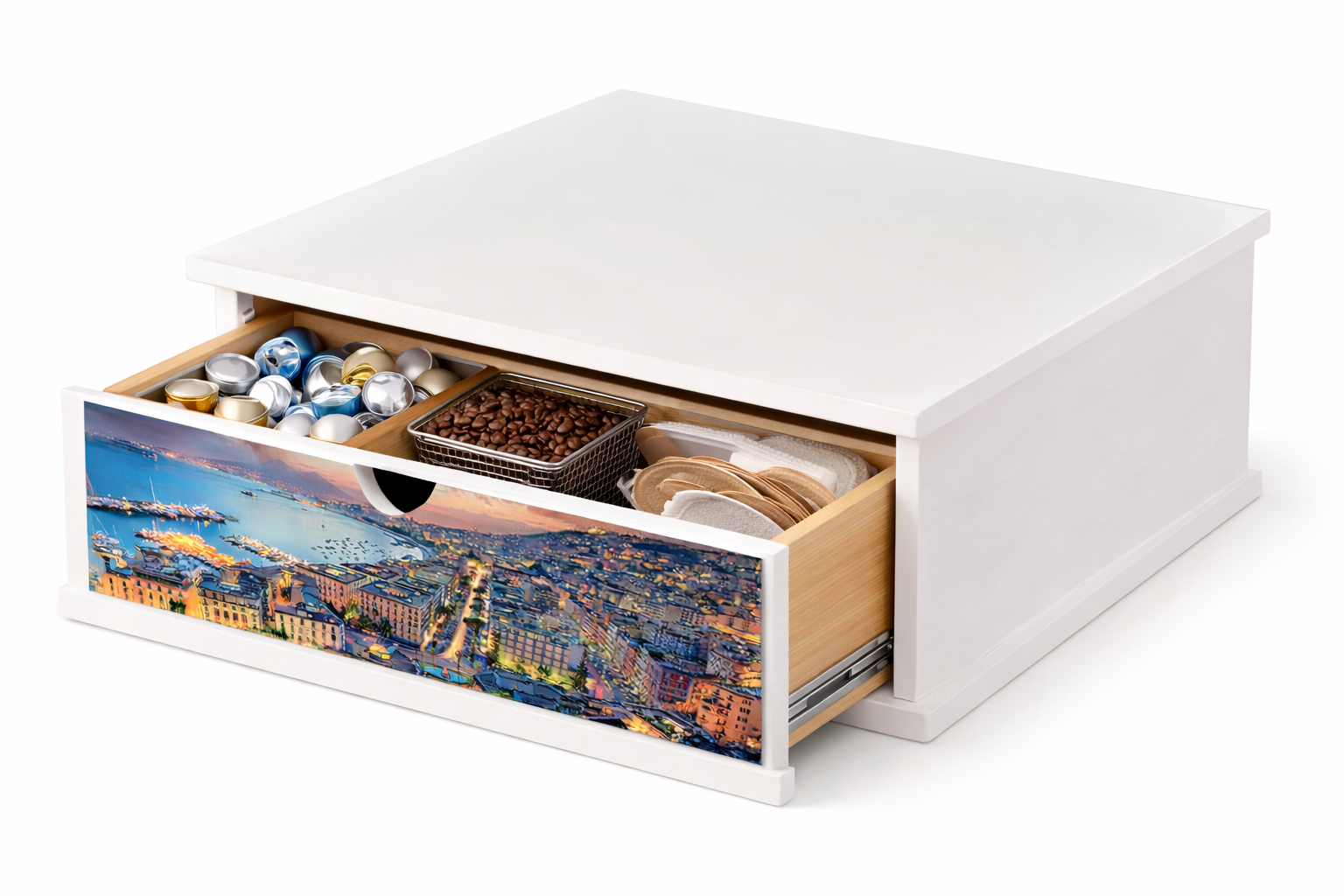 Porta Cialde e Capsule Caffè con Cassetto Organizer 33x33 cm in Legno  White Napoli Golfo di Sera  Contenitore per Cucina, Casa e Ufficio