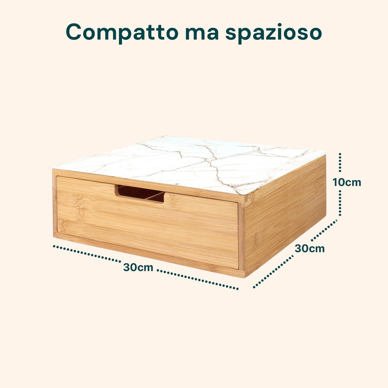 Porta Capsule e Cialde in Bamboo con Cassetto – Organizer Caffè Moderno con Piano in Vetro Temperato Marmorizzato (Bianco/Nero) 30×30×10 cm