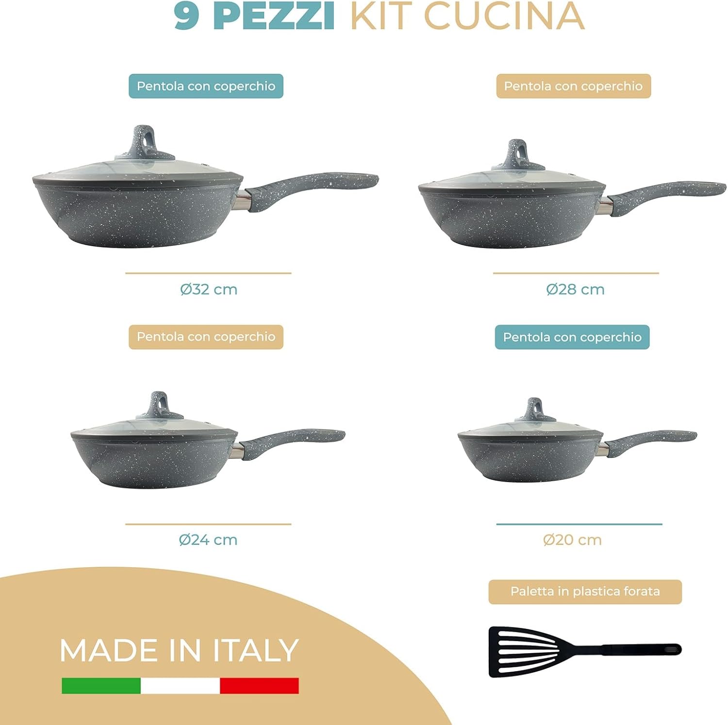 Set Padelle Antiaderenti 9 Pezzi Coperchi in Vetro Temperato Manico Removibile Senza PFOA Colore Grigio