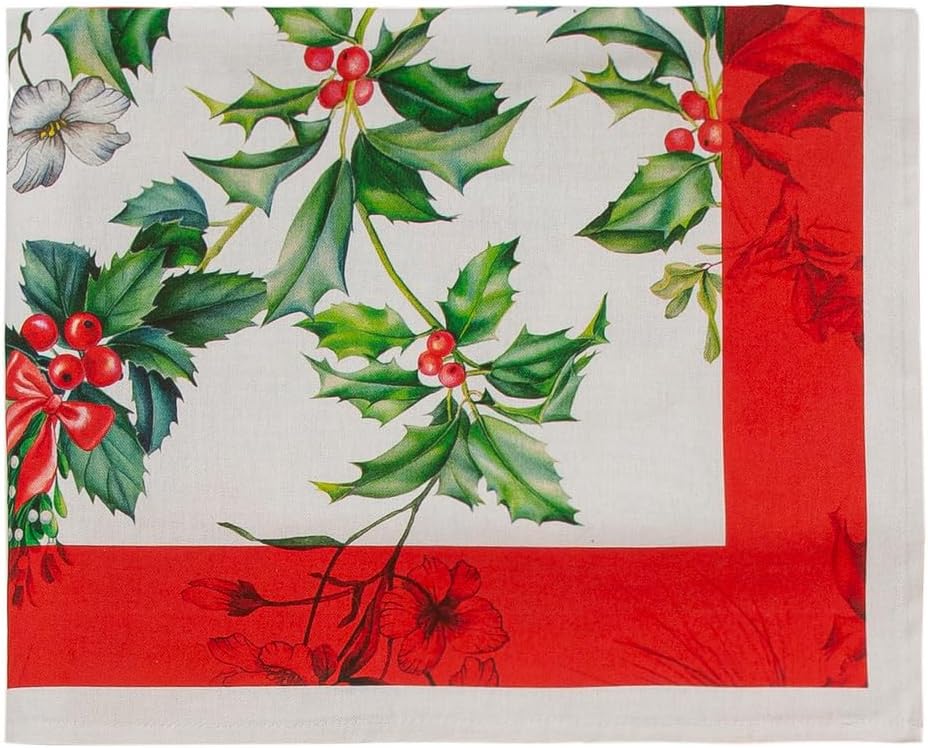 Tovaglia Natalizia Agrifoglio – Rettangolare 100% Cotone – Stampa Digitale – 6/12/18 Posti – Made in Italy