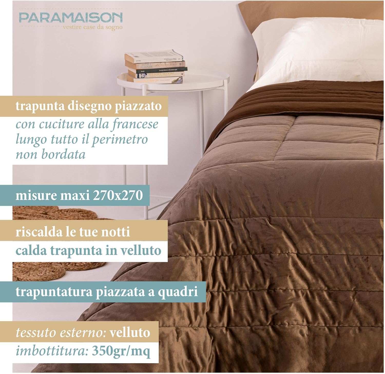 Trapunta Invernale Matrimoniale 270x270 cm in Morbido Velluto – Artigianale, Termoisolante e Traspirante, 350 g/m² Dolomiti