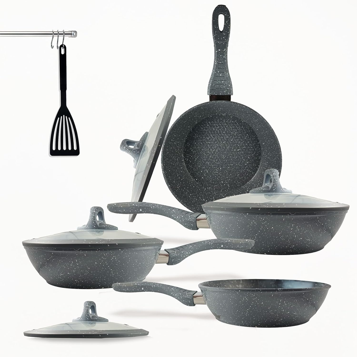 Set Padelle Antiaderenti 9 Pezzi Coperchi in Vetro Temperato Manico Removibile Senza PFOA Colore Grigio