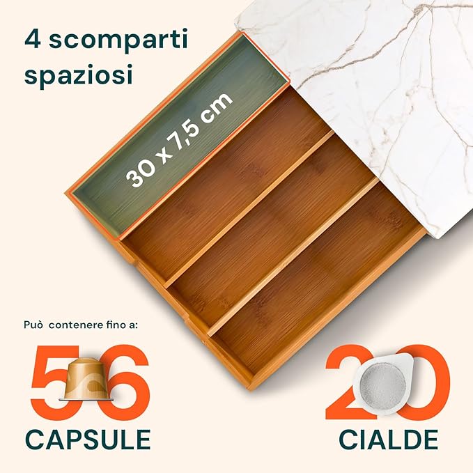 Porta Capsule e Cialde in Bamboo con Cassetto – Organizer Caffè Moderno con Piano in Vetro Temperato Design Maiolica Sorrento 30×30×10 cm
