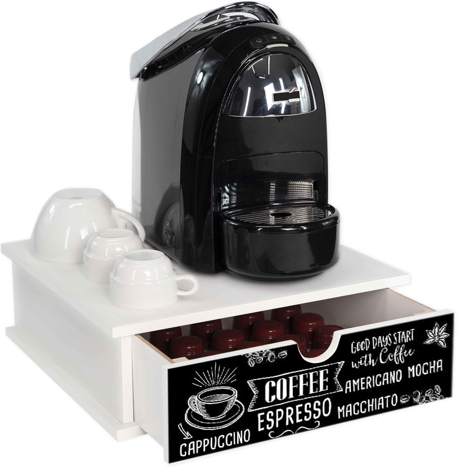 Porta Cialde e Capsule Caffè 33x33 cm in Legno con Cassetto Organizer – Piano Antimacchia e Decorazione Coffee Artigianale – Perfetto per Cucina, Casa e Ufficio