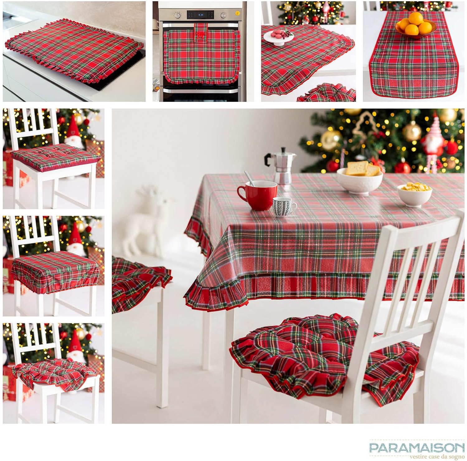 Tovaglia Natalizia 4 Posti 150x150 Antimacchia Quadrata con Volant Linea Tartan