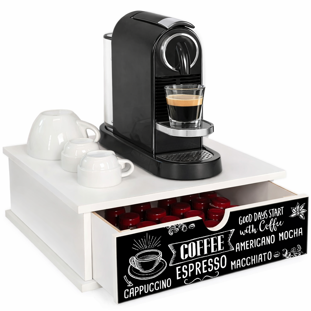 Porta Cialde e Capsule Caffè 33x33 cm in Legno con Cassetto Organizer – Piano Antimacchia e Decorazione Coffee Artigianale – Perfetto per Cucina, Casa e Ufficio
