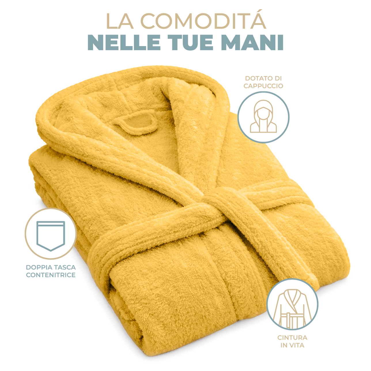 Accappatoio Uomo Donna Marte 100% Cotone Spugna 420 g/m² con Cappuccio Tasche e Cintura Morbido Assorbente Taglie S XXL Vari Colori