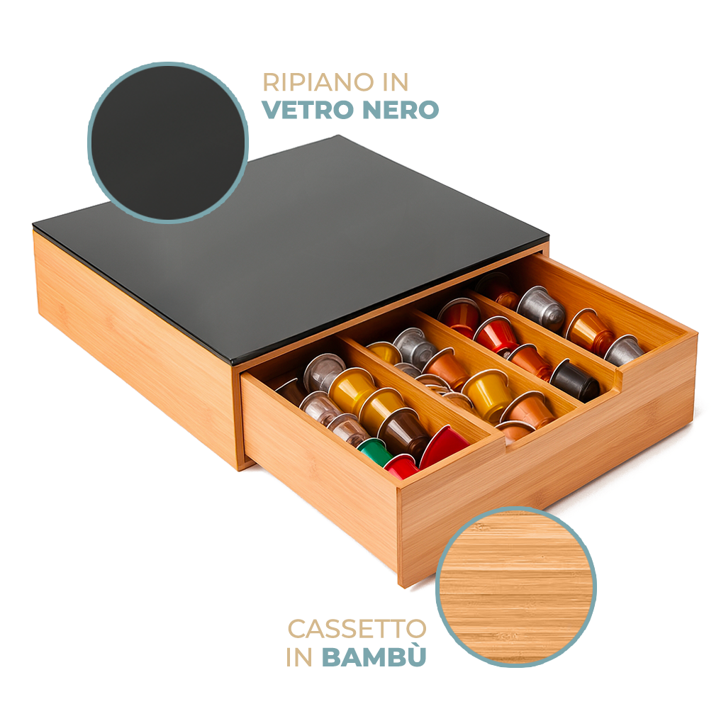 Porta Cialde e Capsule in Bamboo con Cassetto Organizer Caffè Stile Moderno con Piano in Vetro Temperato Nero 30×30×10 cm