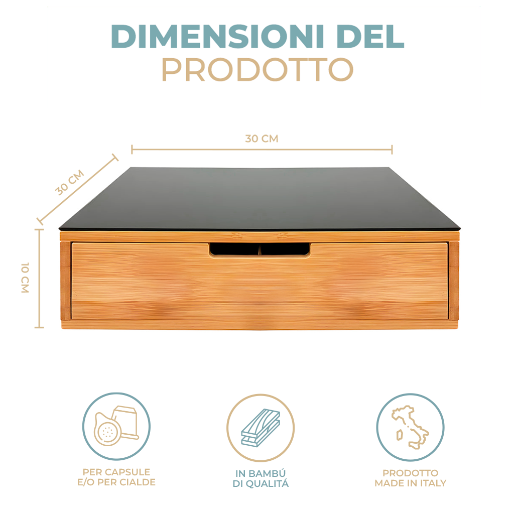Porta Cialde e Capsule in Bamboo con Cassetto Organizer Caffè Stile Moderno con Piano in Vetro Temperato Nero 30×30×10 cm