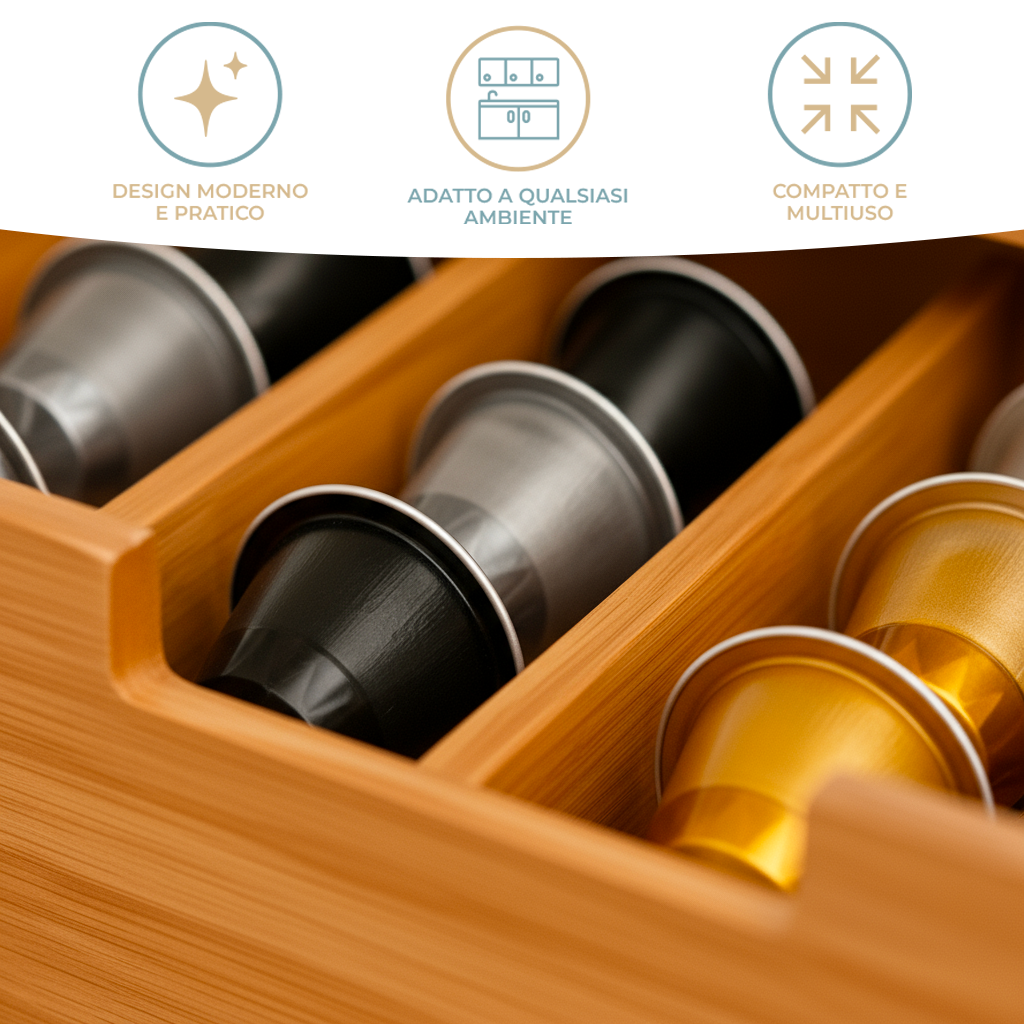 Porta Cialde e Capsule in Bamboo con Cassetto Organizer Caffè Stile Moderno con Piano in Vetro Temperato Nero 30×30×10 cm