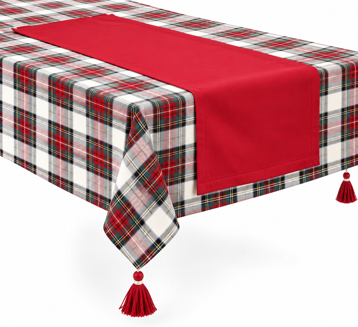 Tovaglia Natalizia 6 Posti 140x180 cm + Runner 40x90 cm  100% Cotone Bordo a Quadri con Filo Lurex Oro  Panna o Rosso