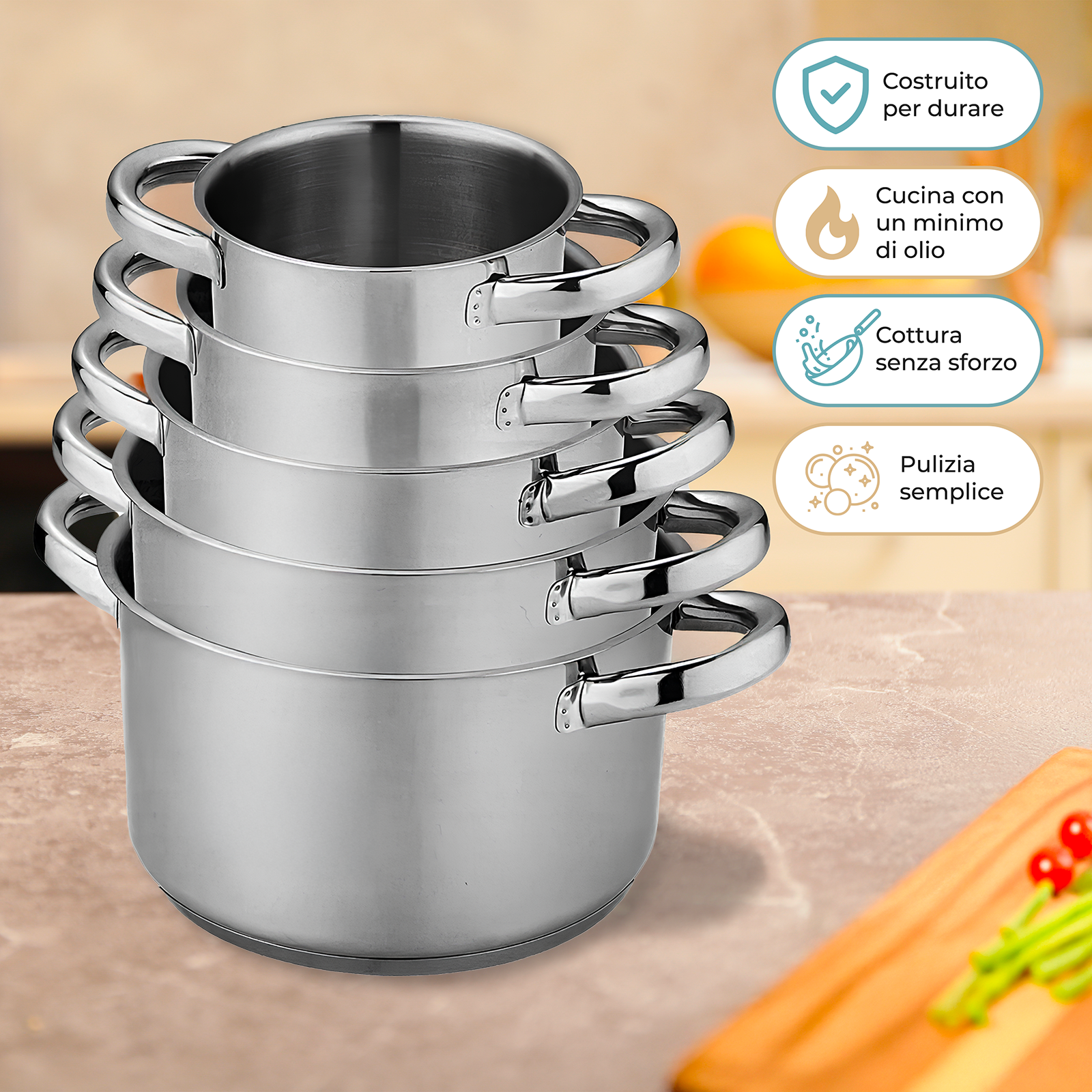 Batteria di Pentole in Acciaio Inox  Set 5 Pezzi Impilabili Compatibile con Induzione, Gas, Vetroceramica Senza PFOA