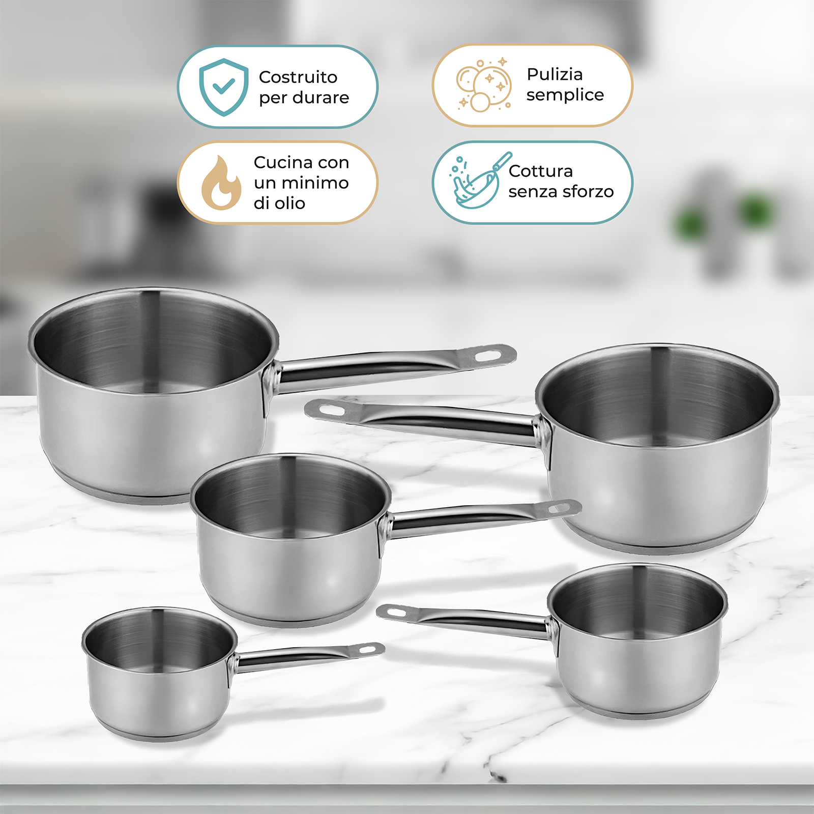 Batteria Pentole Acciaio Inox Set 5 Pezzi con Mono Manico Compatibili con Induzione Gas e Vetroceramica Senza PFOA